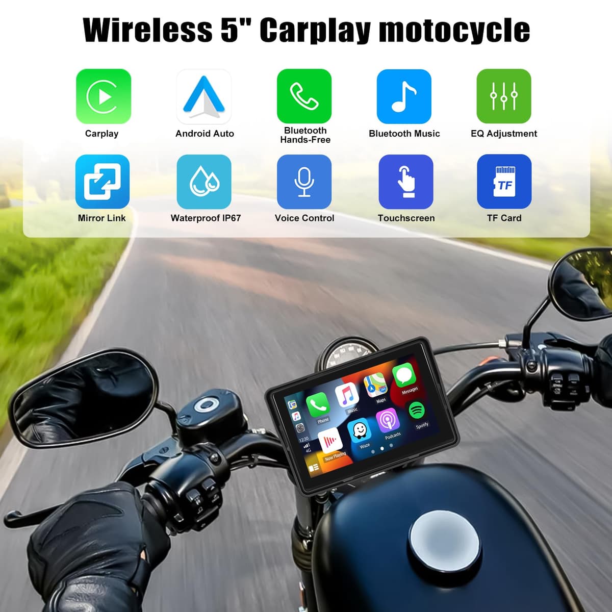 CAMECHO Carplay Moto Navi Display para Motorbike, 5 Pulgadas HD Pantalla Táctil Impermeable Motocicleta Dispositivos de Navegación con Wireless Carplay Android Auto Bluetooth GPS FM EQ Sonido — view 2