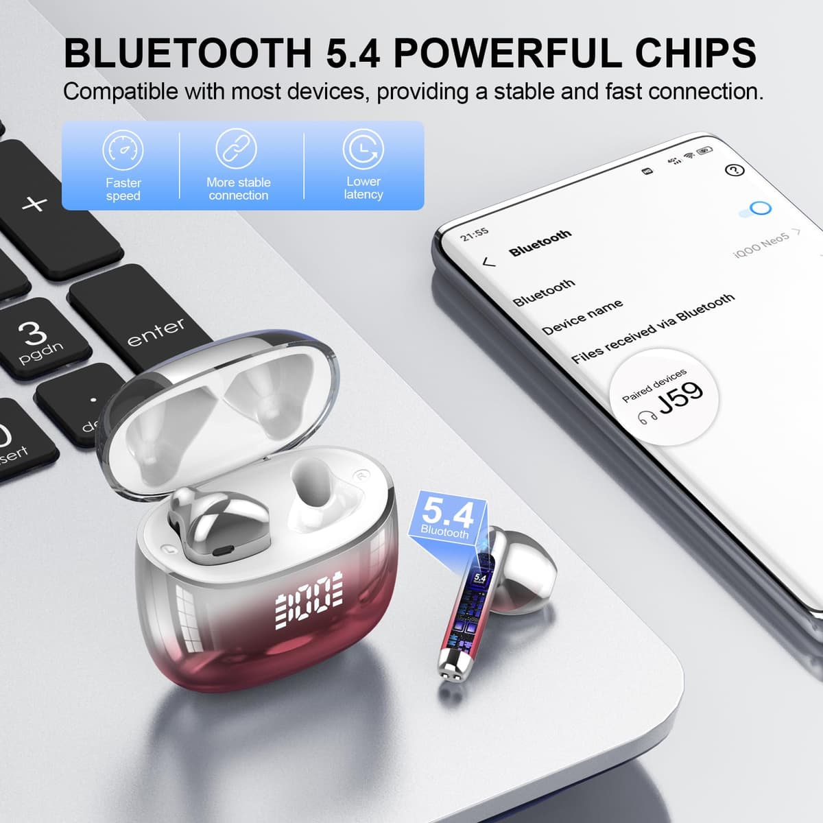 Auriculares Inalámbricos Bluetooth, Auriculares Bluetooth 5.4 Sonido Envolvente con HD Micrófono, Controlador de 14,2 mm, 48H Cascos Inalambricos con Reducción de Ruido, Pantalla LED, IP7 Impermeable — view 2