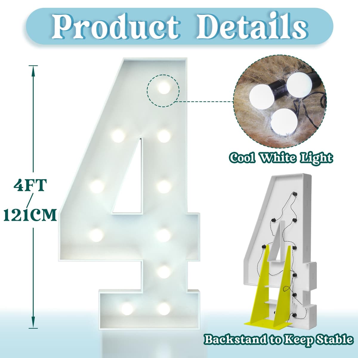 4FT Light Up Numbers Birthday Decoration Large Marquee Numbers 4 for 4th 40th Birthday Party Decor Wedding, Big Number Frame Foam Cardboard Mosaic Arch Stand Pre-cut Numbers — view 4