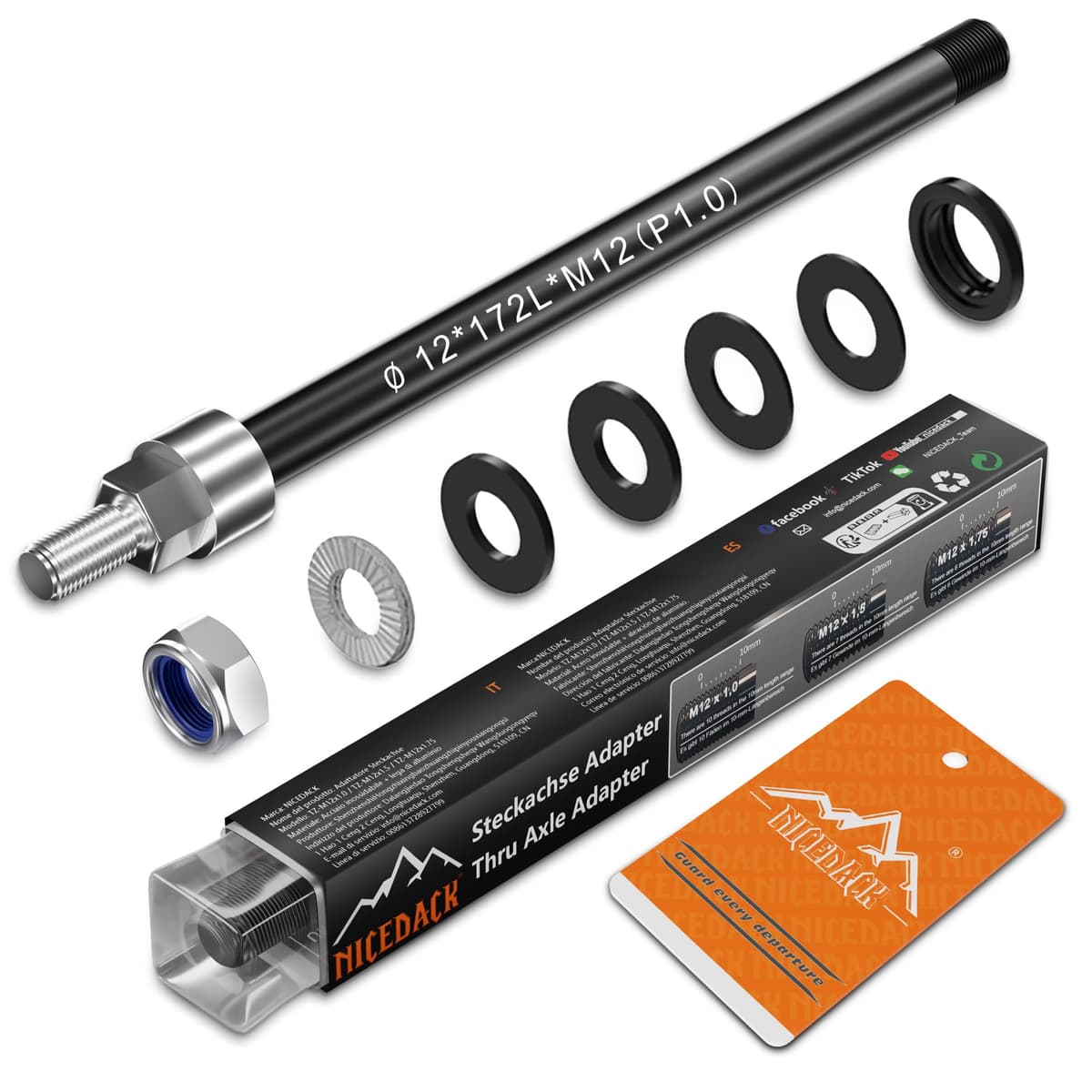 Eje tubular M12 x 1,0-160-172 mm con adaptador para remolque de bicicleta, compatible con tamaño de buje 142-148, longitud de eje ajustable