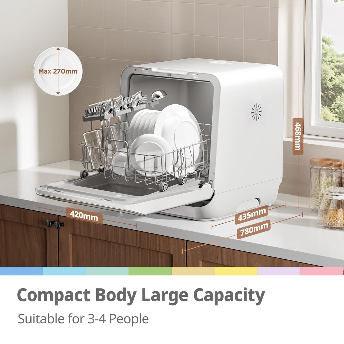 COMFEE' Table Top Dishwasher 7+3 Programs Mini Tabletop Dishwasher No Plumbing, 6L Built-in Water Tank, Hygiene Wash, Auto Door Open Drying, Baby Care, Energy Class D- White — view 3