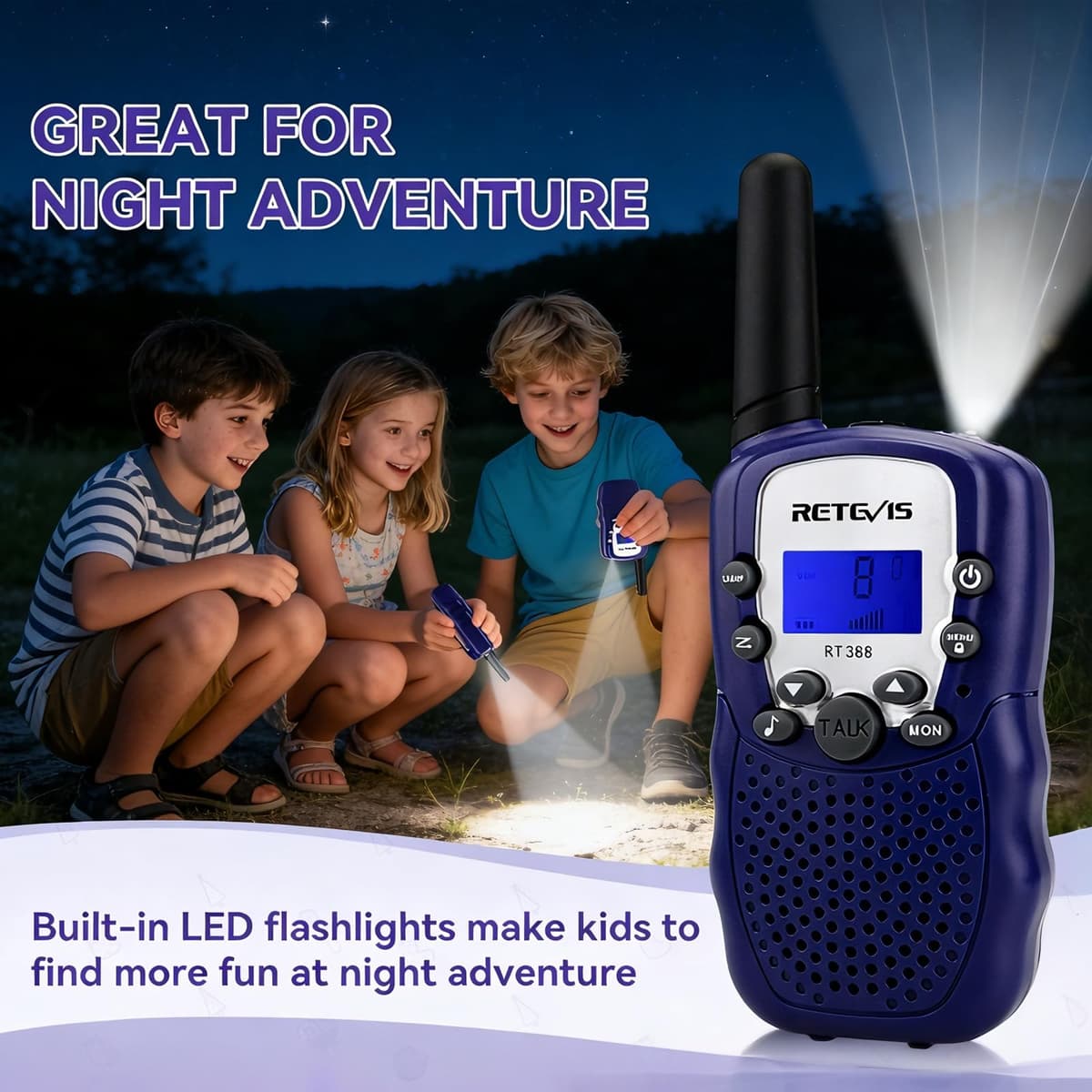 Retevis RT388 Walkie Talkie Niños PMR446 8 Canales Pantalla LCD Linterna Vox 10 Tonos de Llamada Bloqueo de Canales Talkie Walkie Juguete para Niño (Azul Oscuro, 1 Par) — view 3