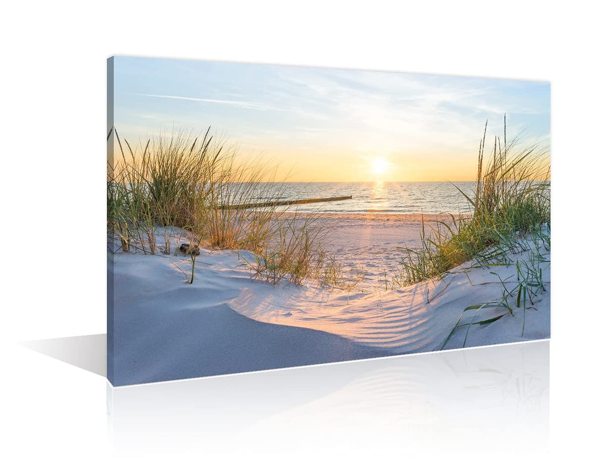 TISHIRON Wall Art Sandy Beach Sunrise Pictures Painting on Canvas Wall Art Modern Framed Seaside Canvas Prints Ready To Hang(36X24in)