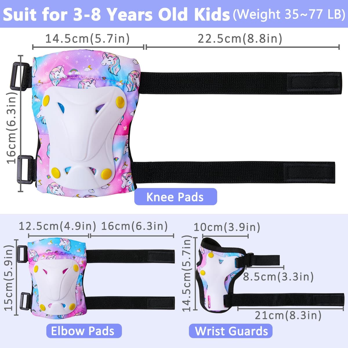 Unicorn Castle Rodilleras y Coderas de Unicornio para niños y niñas,Juego de Equipo de protección Ajustable 6 en 1 con Bolsa de cordón,3-8 años — view 5