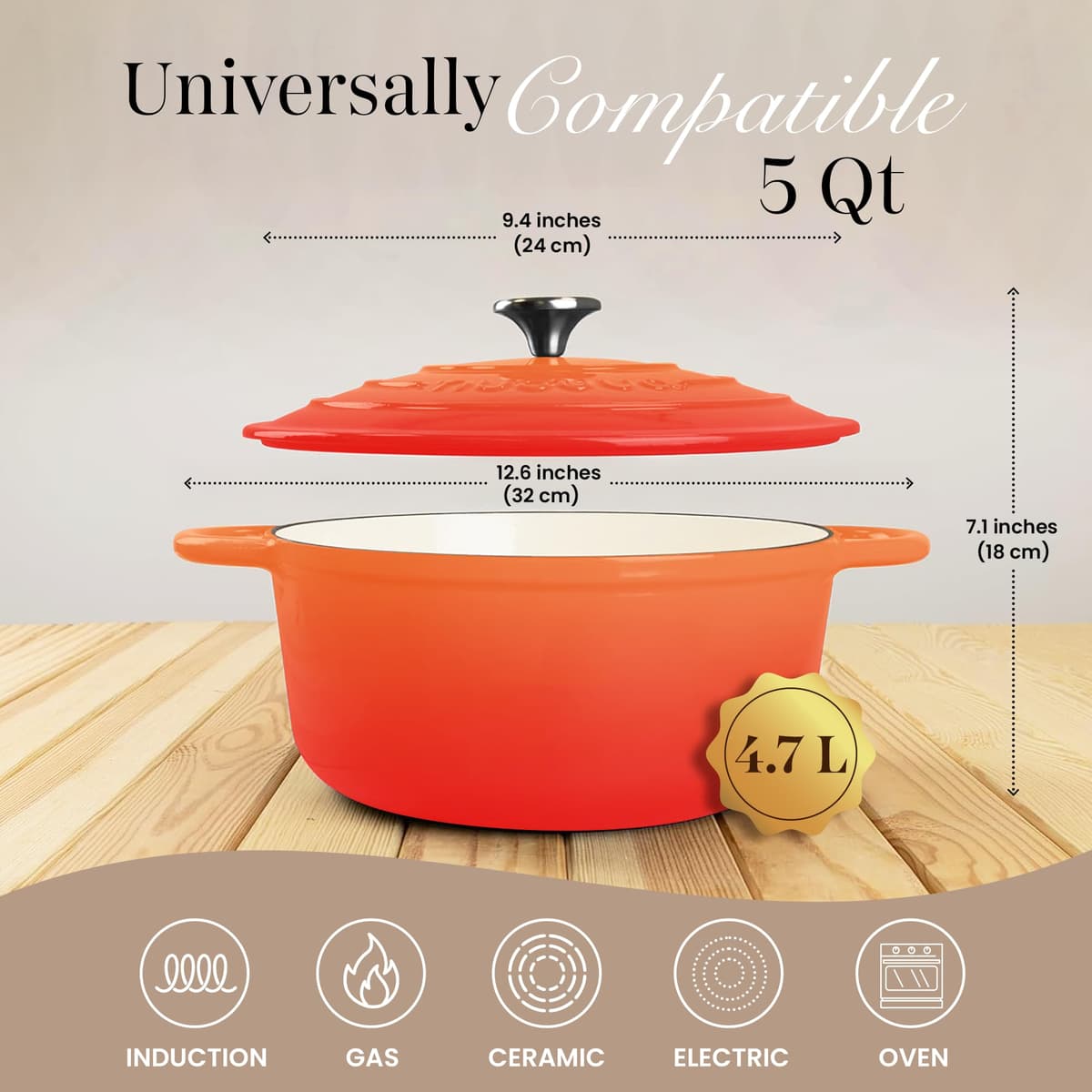 Nuovva Enamelled Cast Iron Dutch Oven Pot with Lid – 5 Quart Casserole Dish – Ceramic Dutch Oven for Bread Baking, Roasting, Braising & Stews – Oven Safe up to 500°F – 24cm Orange — view 2