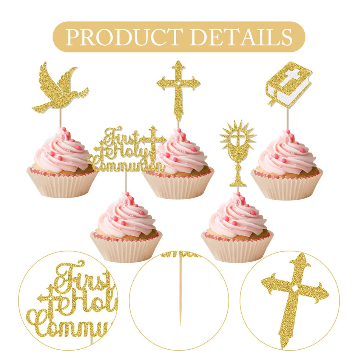 12 Pcs First Holy Communion Cake Glitter Topper, Christian Christening Cake Topper, Holy Communion Decorations, Gold God Bless Dove Cross Cakes Topper for Baby Shower Christian Party Decoration Suppli — view 3
