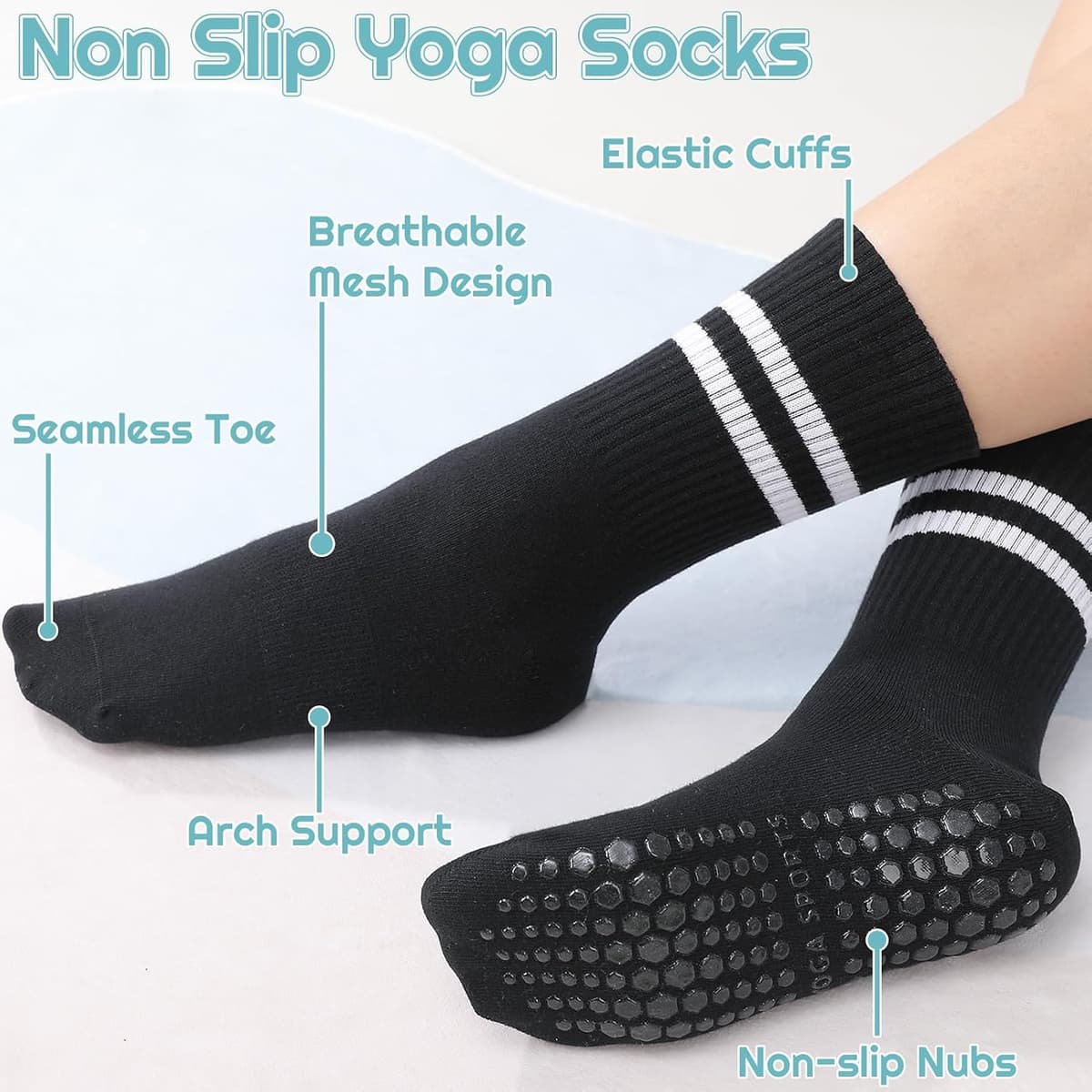 Yoga Grip Socks Women, Non Slip Pilates Socks Grippy Socks Ladies Mid-Calf Grip Socks Breathable Cotton Socks for Ballet, Dance, Workout, Fitness, Running 38-42 black 6 — view 2