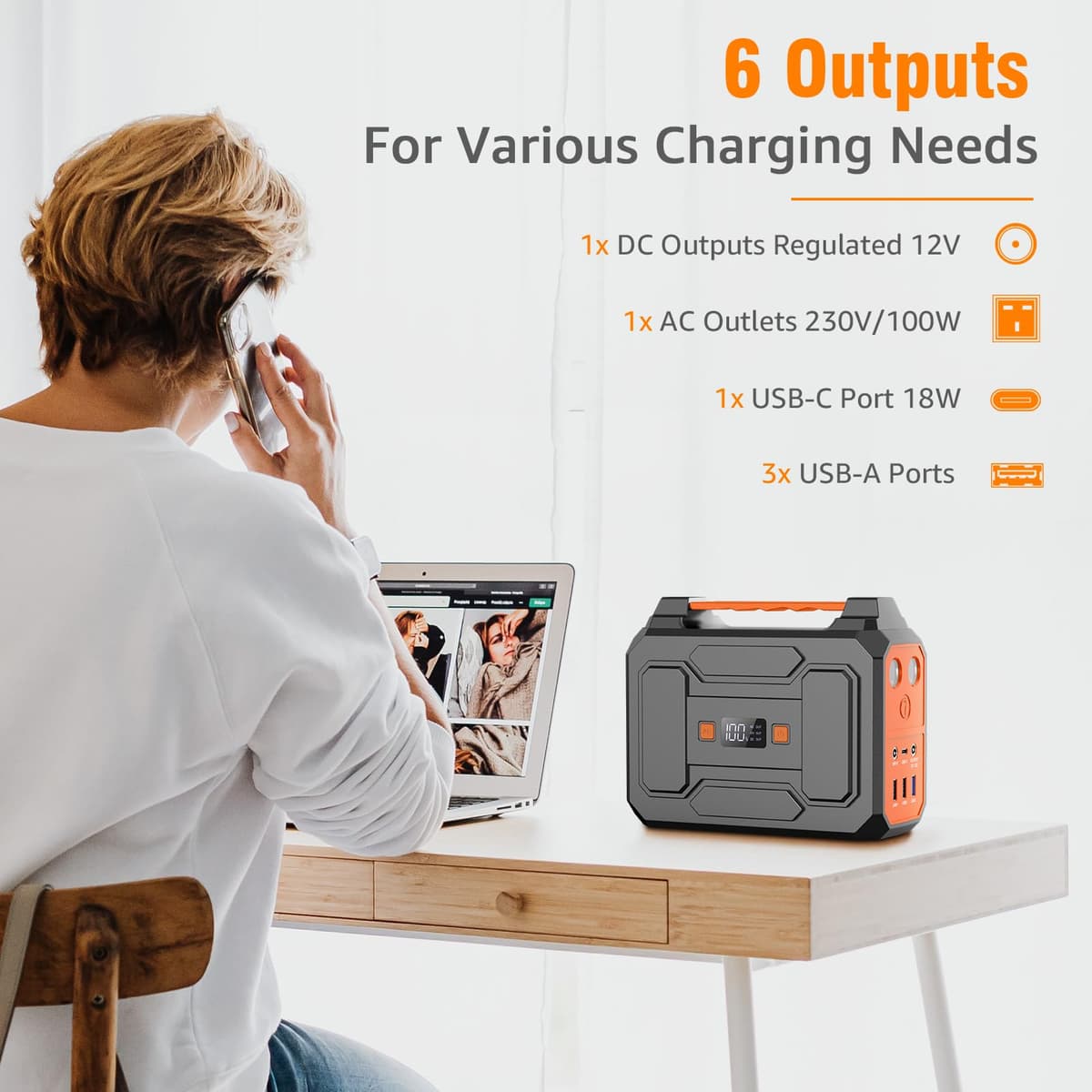 Powkey 100W Portable Power Station 99Wh/ 27000mAh Camping Power Pack,Solar generator with AC/DC/USB/Type C Outlet for Outdoors Camping Travel Fishing Emergency Power Supply Backup Orange — view 4