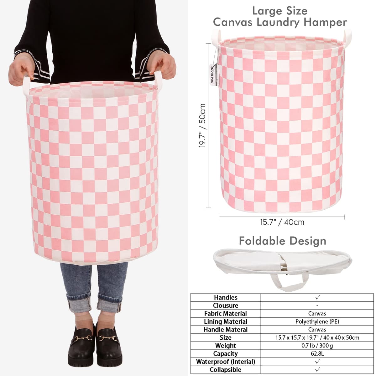 Sea Team 19.7 Inch Large Sized Waterproof Coating Ramie Cotton Fabric Folding Laundry Hamper Bucket Cylindric Burlap Canvas Storage Basket with Stylish Grid Pink Design — view 5