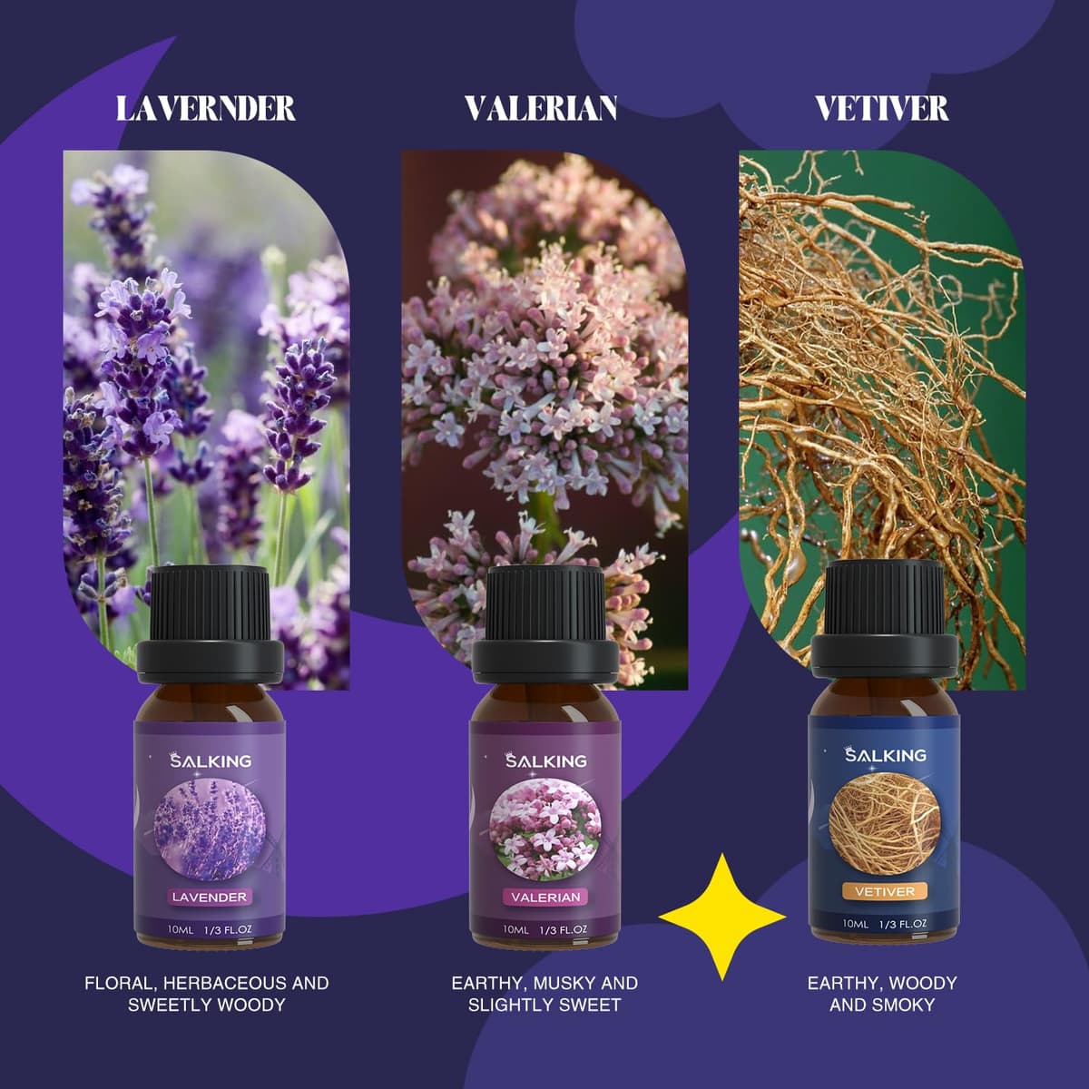 SALKING Juego de Aceites Esenciales para Dormir - Aceites Puros y Naturales para Humidificadores y Difusores - Lavanda, Vetiver, Sándalo, Valeriana, Helicriso, Benjuí — view 3