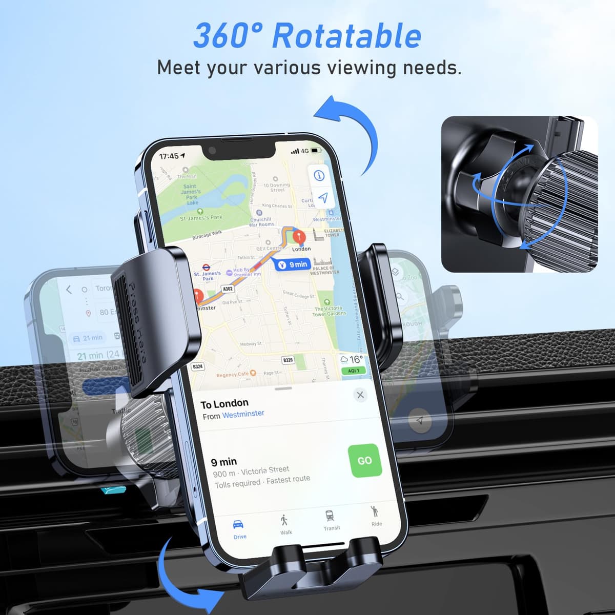 Blukar Car Phone Holder, Air Vent Car Phone Mount Cradle for 360° Rotation, Upgraded Ultra Stable Hook Clip - One Button Release Function for iPhone, Galaxy All 4.0''-7.0'' Smartphones — view 5