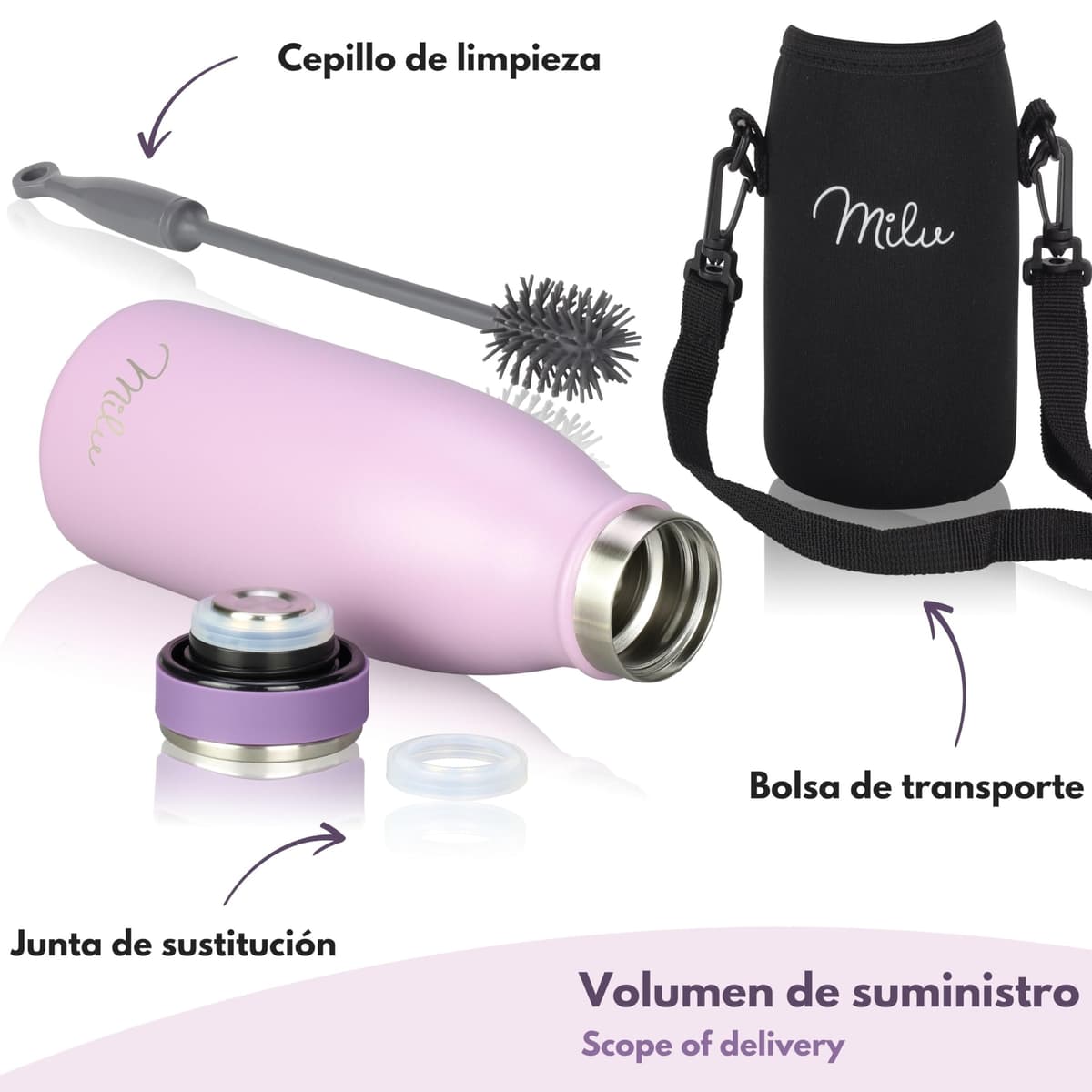Milu Botella de acero inoxidable de 350ml 500ml 750 ml 1 L 1,5 L botella de agua aislada, termo a prueba de fugas, doble pared, apta para ácido carbónico + cepillo de limpieza (Azul Violeta, 350ml) — view 144
