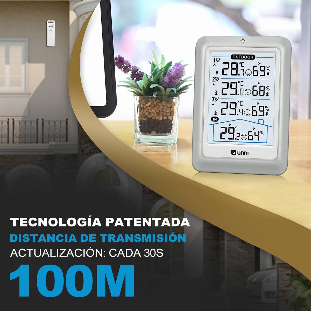 Termómetro inalámbrico para interiores y exteriores con 3 sensores, pantalla de 4.5 pulgadas, alcance de 100 m y retroiluminación Ajustable — view 3