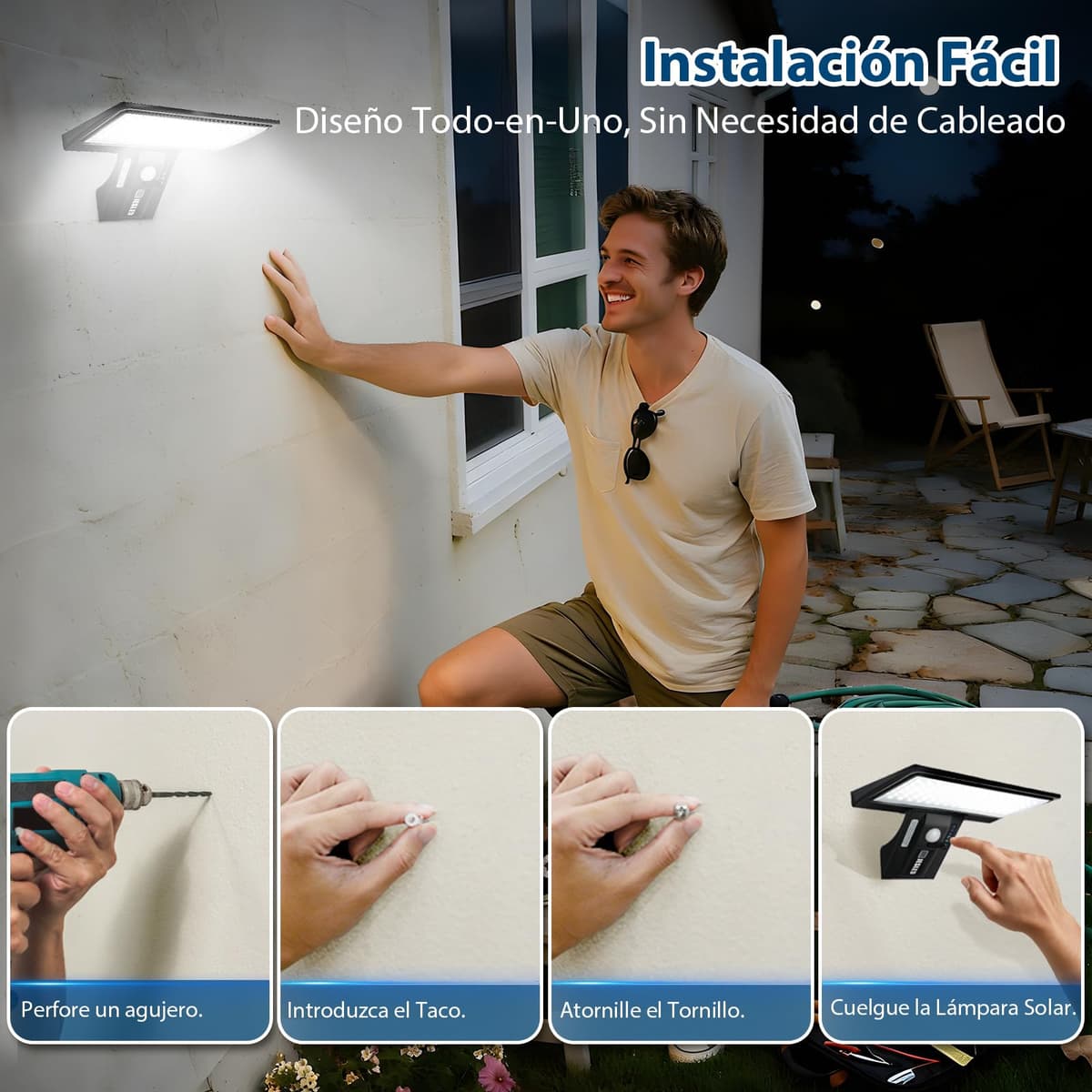 JESLED Luz Solar Exterior, 2 Paquete 90 LED, Foco Potente con Sensor de Movimiento, Impermeable con 4 Modos Inteligentes para Jardín, Patio, Camino, Escalera — view 5