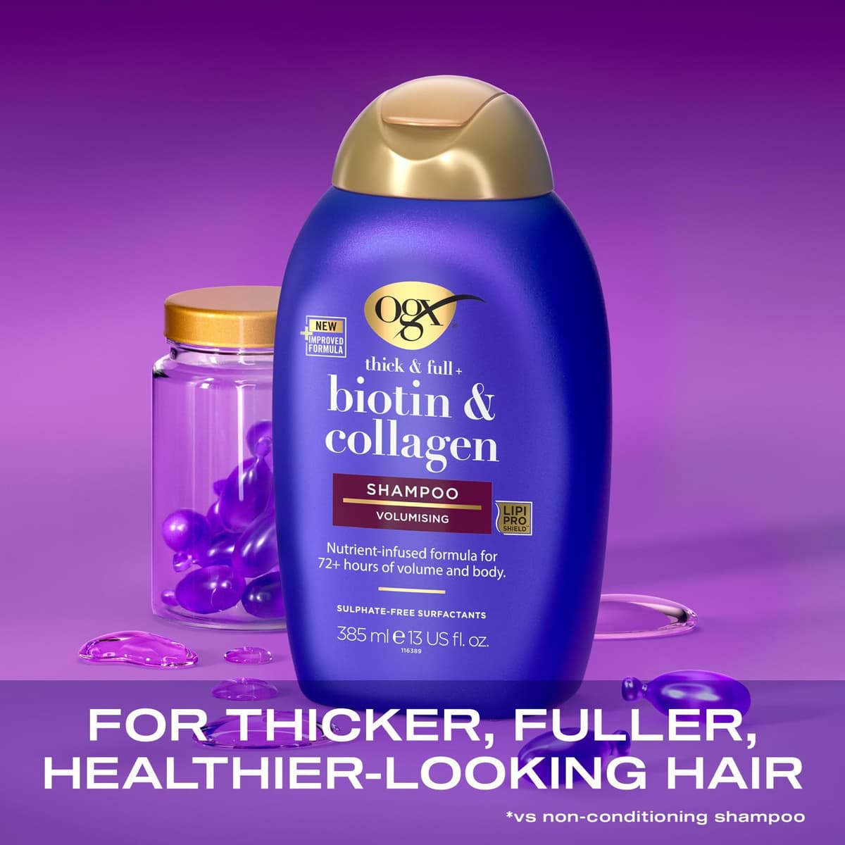 OGX Biotin and Collagen Volumising Hair Shampoo, Thick and Full, with Vitamin B7 Biotin, and Collagen, for Fine Hair, Sulfate Free Surfactants, 385ml — view 2