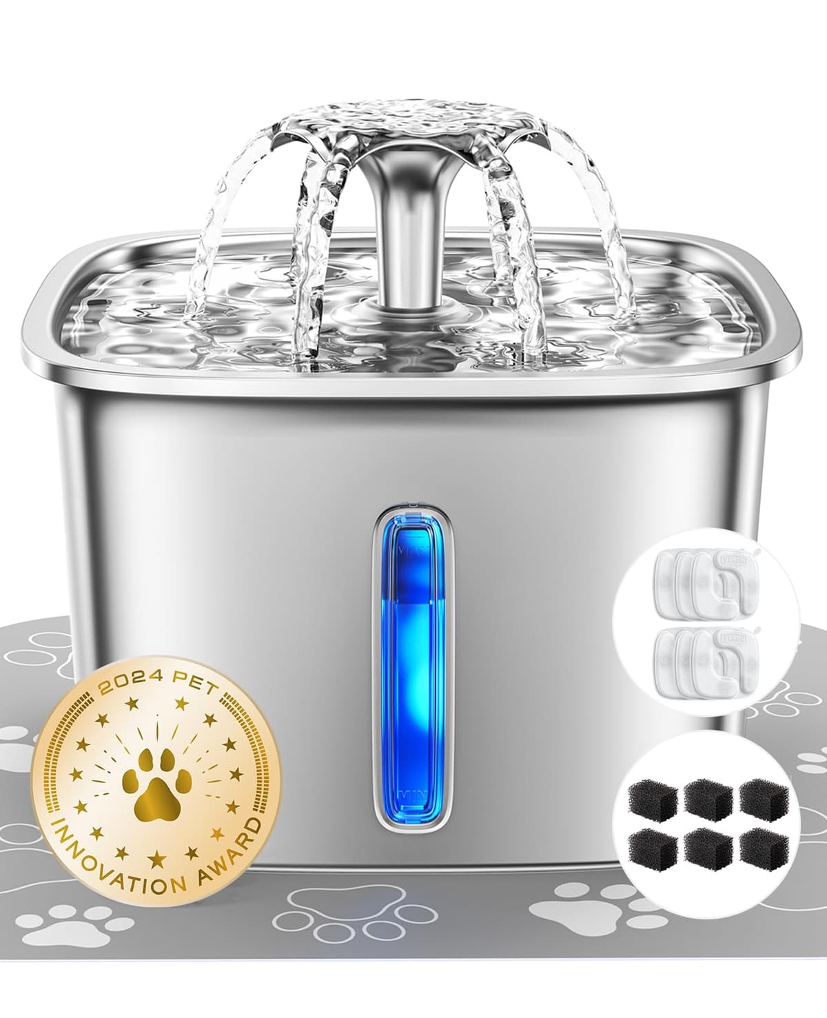 Veken Innovation Award Winner Stainless Steel Cat Water Fountain, 108oz/3.2L Automatic Pet Fountain Dog Water Dispenser with 3 Replacement Filters & Silicone Mat, Gifts for Cats, Dogs (Silver) — view 11