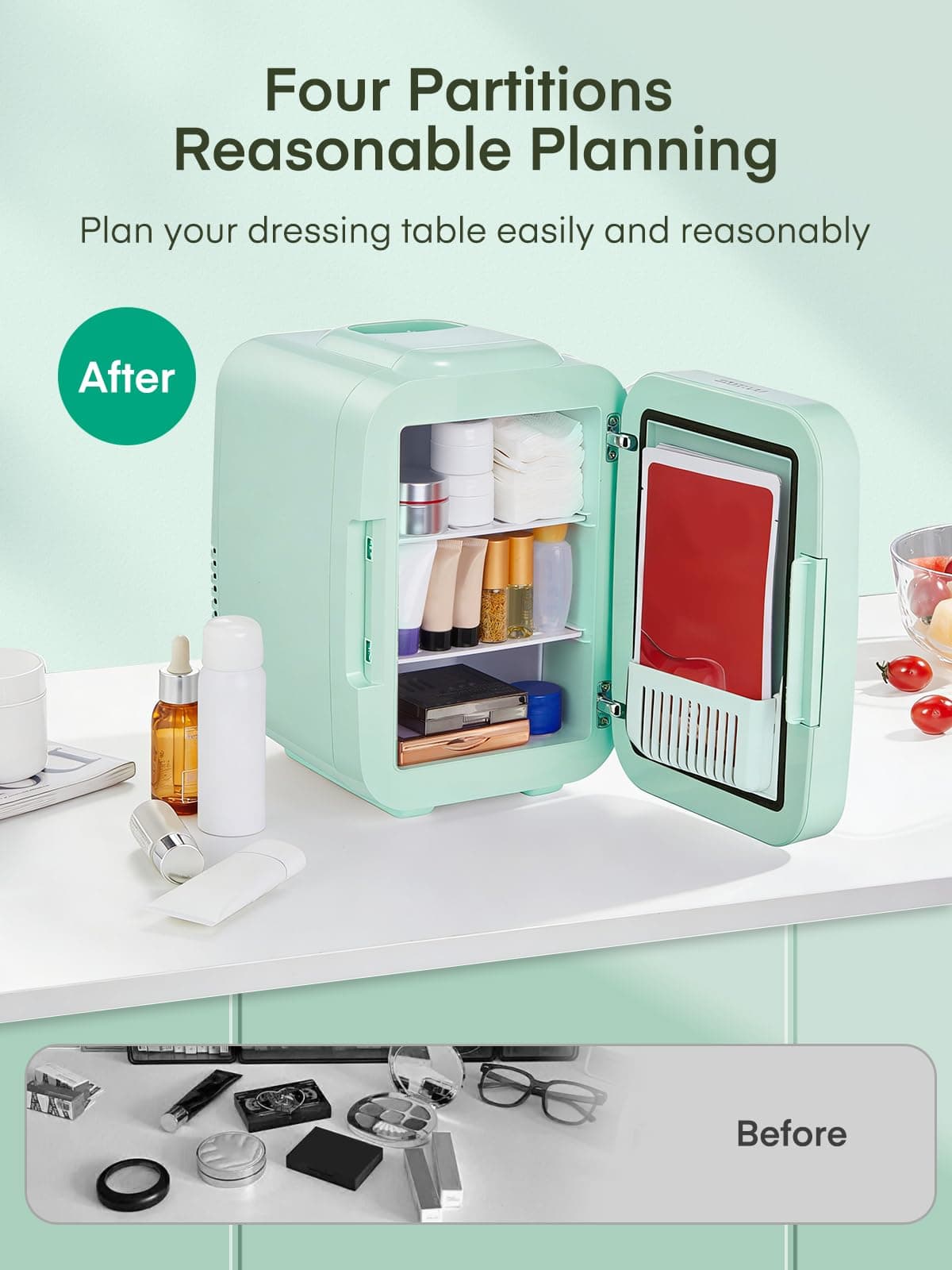 FOHERE Mini Fridge for Bedrooms, 5L/6 Can Portable Skincare Fridge with Dimmable LED Light Mirror, Cooler & Warmer for Food, Drinks and Cosmetic (Green) — view 7
