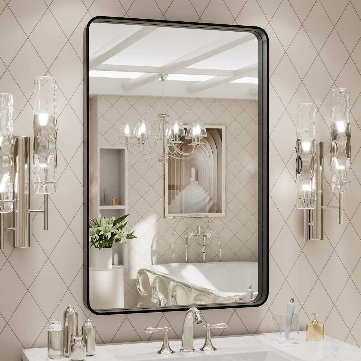 LOAAO 48”X36” Gold Bathroom Mirror, Rounded Rectangle Gold Frame Mirror, Brushed Gold Bathroom Vanity Mirror Wall-Mounted, Anti-Rust, Tempered Glass, Hangs Horizontally or Vertically — view 22