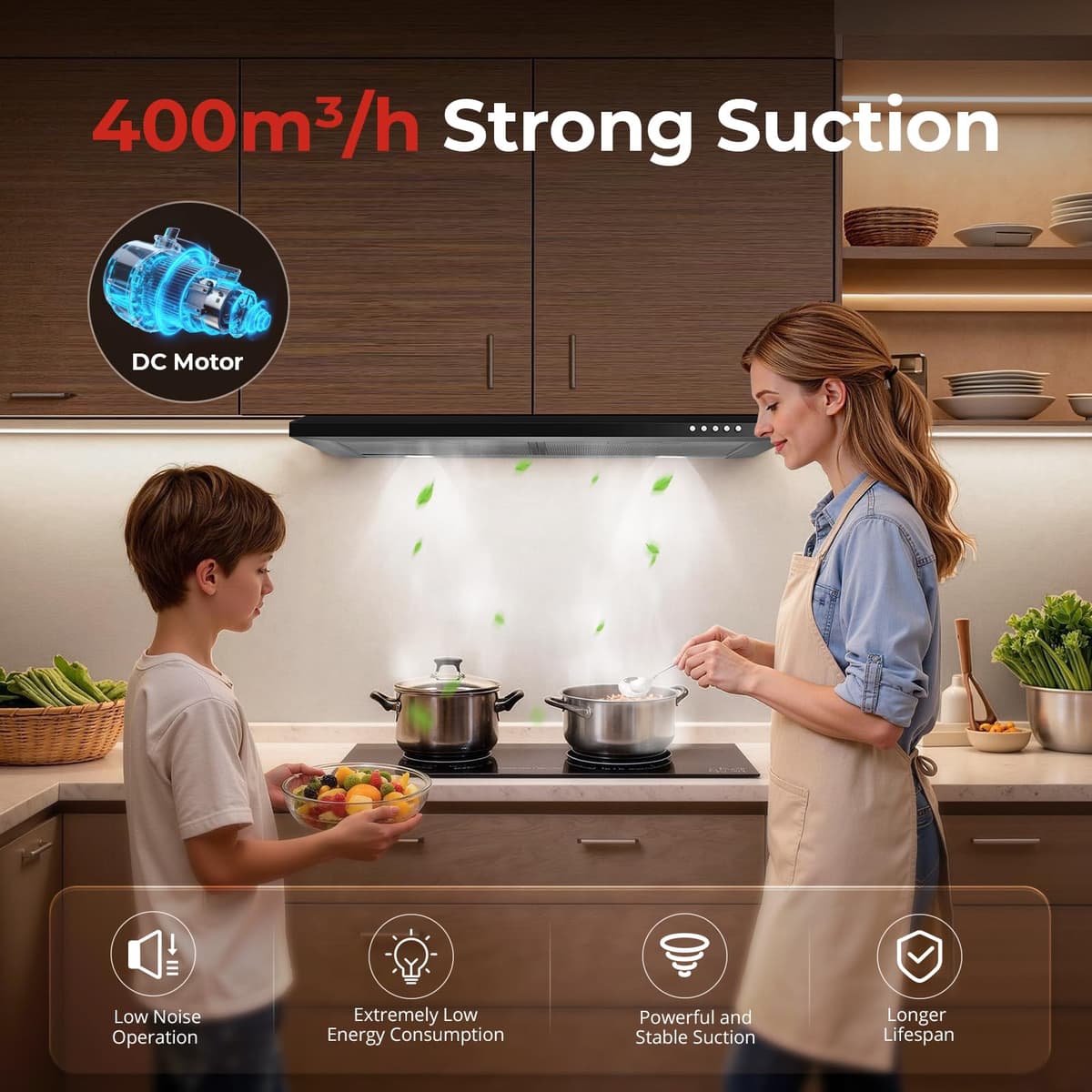 SNDOAS 60 cm Cooker Hood, Extractor Hood, Class A+++, 3-Speed Wall Mounted Range Hood, 400m³/h Extractor Fan kitchen with Carbon Filters, Black — view 2