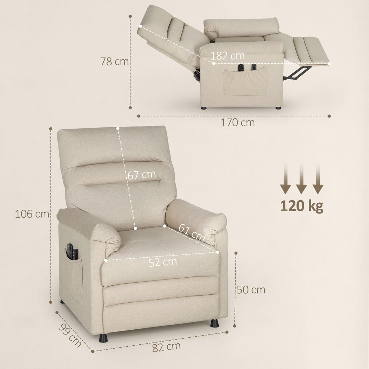 HOMCOM Sillón Relax Reclinable Eléctrico, con Calor Lumbar y Masaje Vibración, Sillón Masaje Relax, Motor Silencioso, Función de Memoria, Bolsillos, Control Remoto con USB, Tejido Pet-Friendly, Beige — view 3