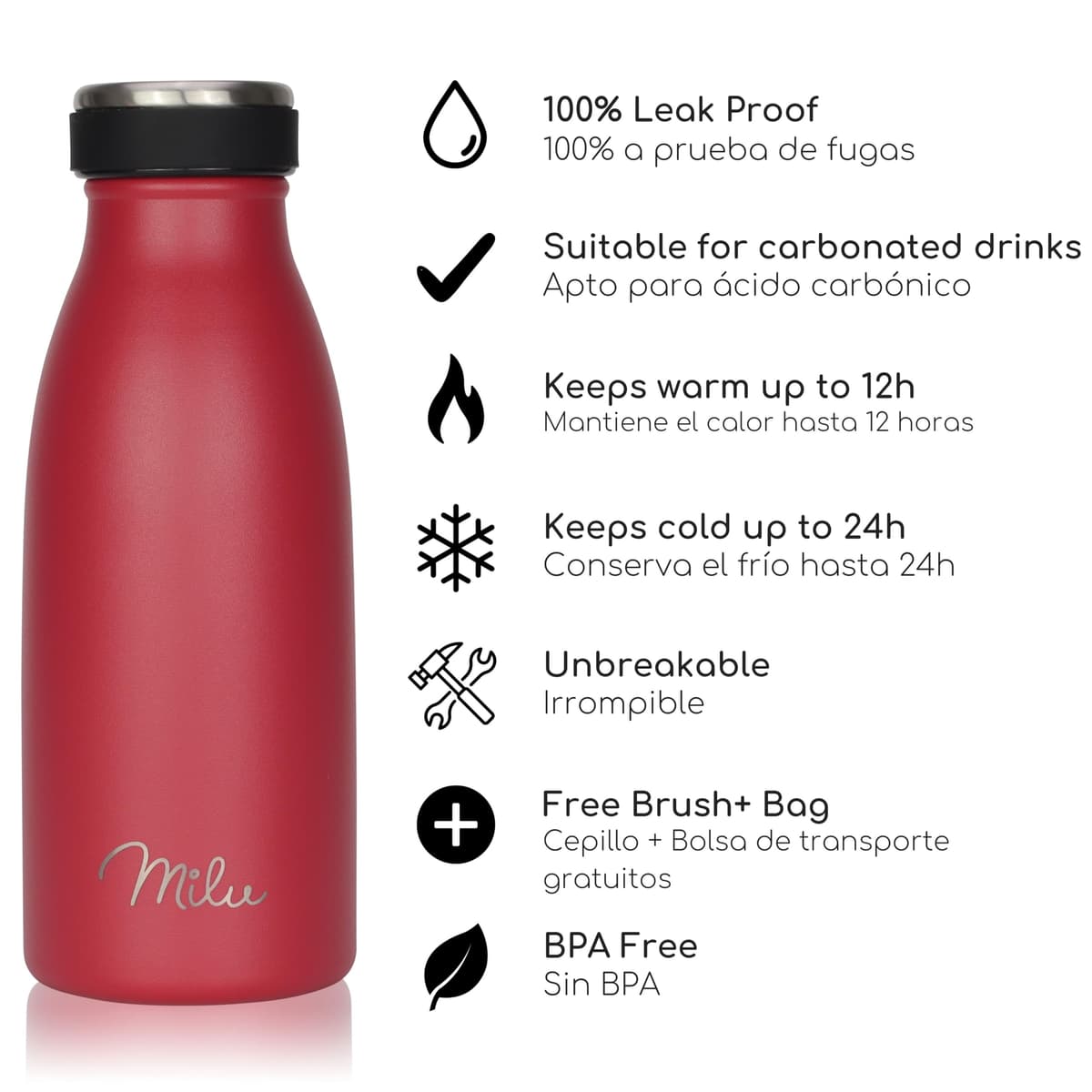 Milu Botella de acero inoxidable de 350ml 500ml 750 ml 1 L 1,5 L botella de agua aislada, termo a prueba de fugas, doble pared, apta para ácido carbónico + cepillo de limpieza (Azul Violeta, 350ml) — view 169