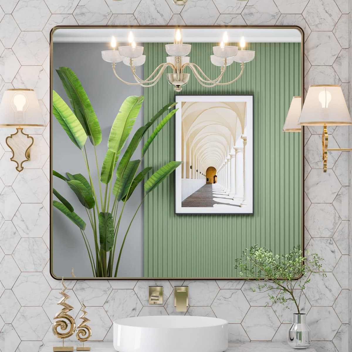 LOAAO 48”X36” Gold Bathroom Mirror, Rounded Rectangle Gold Frame Mirror, Brushed Gold Bathroom Vanity Mirror Wall-Mounted, Anti-Rust, Tempered Glass, Hangs Horizontally or Vertically — view 60
