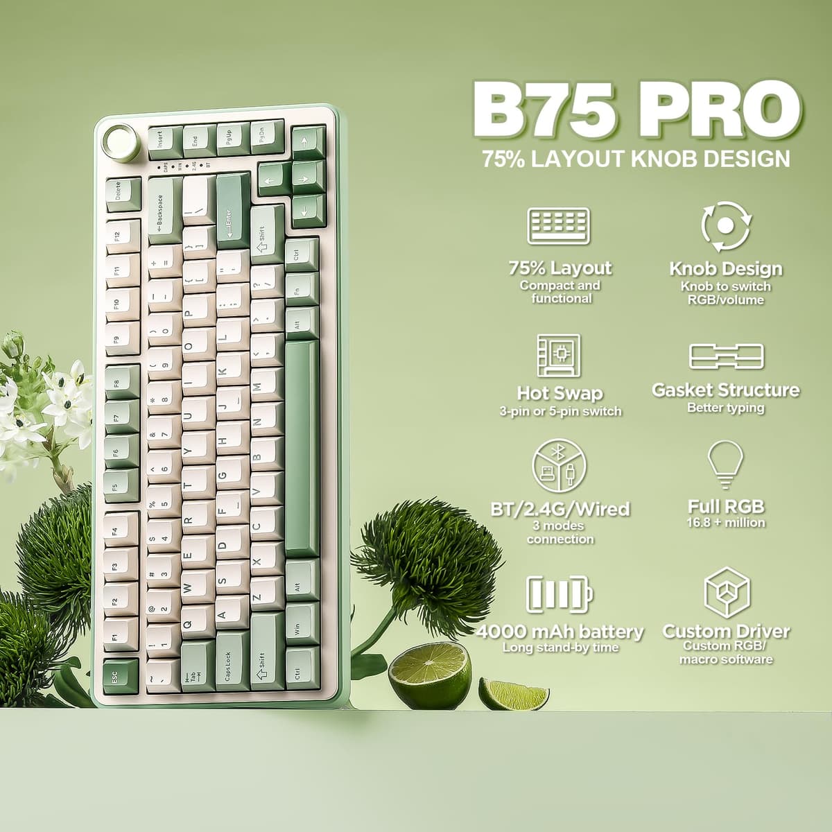 YUNZII B75 PRO Wireless Mechanical Keyboard,75% Gaming Keyboard Gasket Hot Swap Custom Keyboard with Knob,Pre-lubed Switches RGB,Bluetooth/Type-C/2.4G (Matcha Green, Milk Switch) — view 2