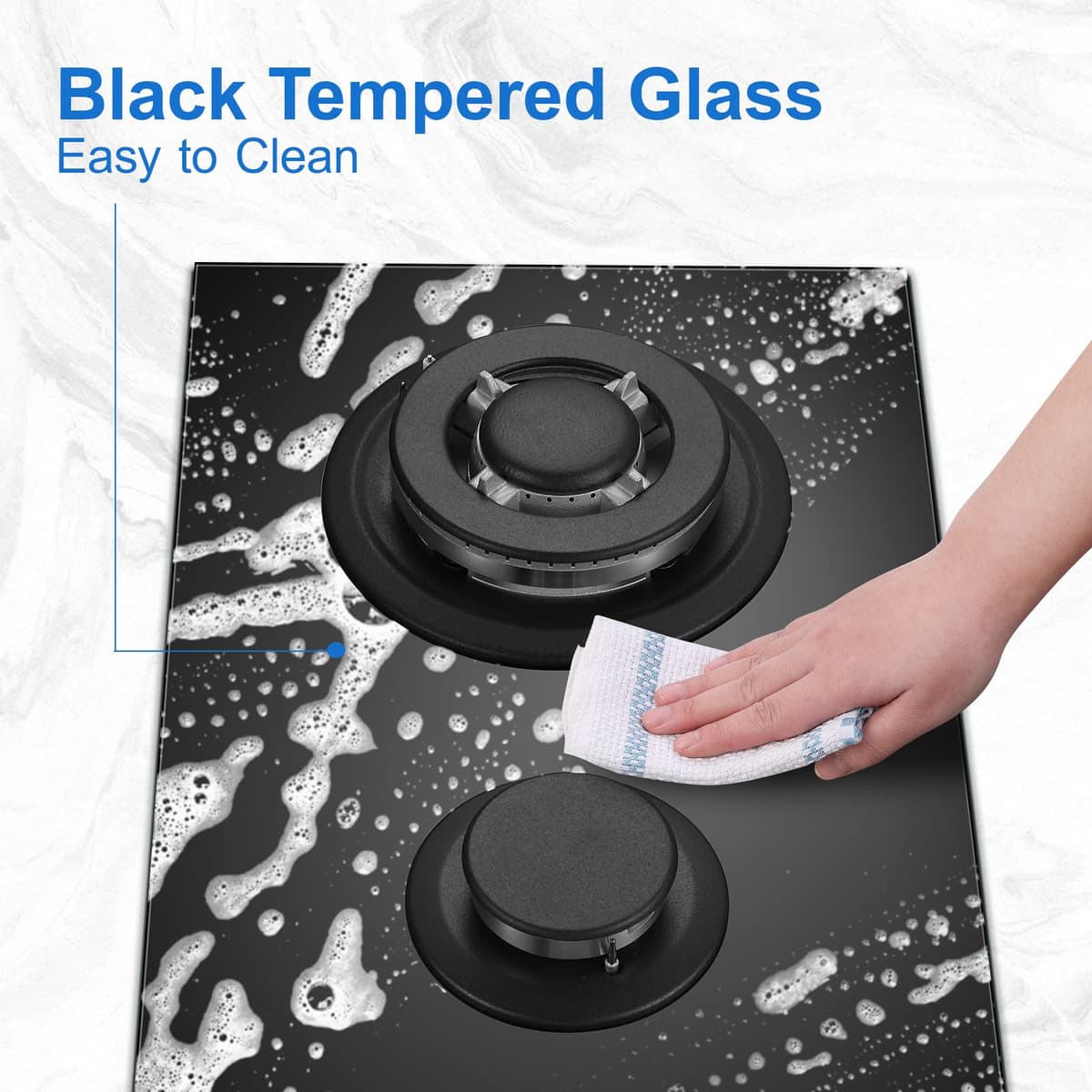 TopStrong Gas Hob 2 burners, 30cm Built in 2 Burners Gas on Glass Hob, NG/LPG Convertible, Flame Out Protection, Cast Iron Supports, 5200W — view 5