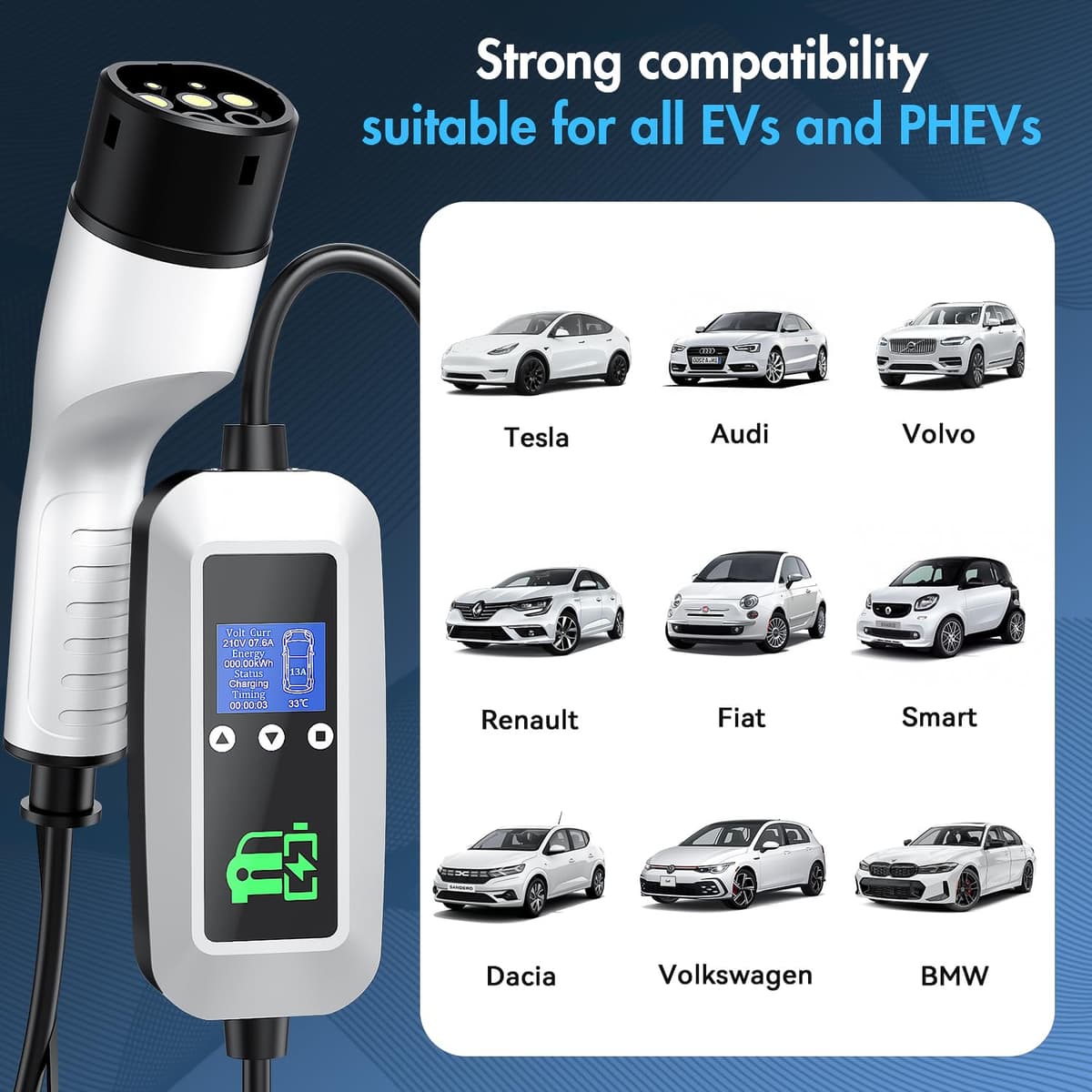 FNITAER EV Charger Cable Type 2 to 3 Pin Plug 2.99kw, 6M, 8/10/13A, Adjustable Current EV Charger,With LED Screen Timing Delay IP66/IP65, With Carry Bag and Type 2 EV Cable Holder for EVs and PHEVs — view 6