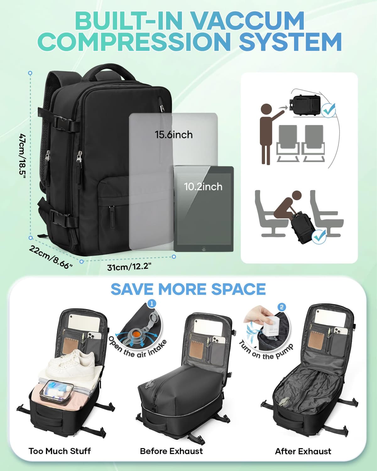 SZLX Vacuum Backpack Travel Bag with Pump, Ryanair Cabin Bags 40x30x20 Underseat Travel Backpack Cabin Size Wizz air, Ryanair Cabin Bags 40x20x25 Carry-ons Easyjet 45x36x20 Laptop Rucksack Women Mens — view 4
