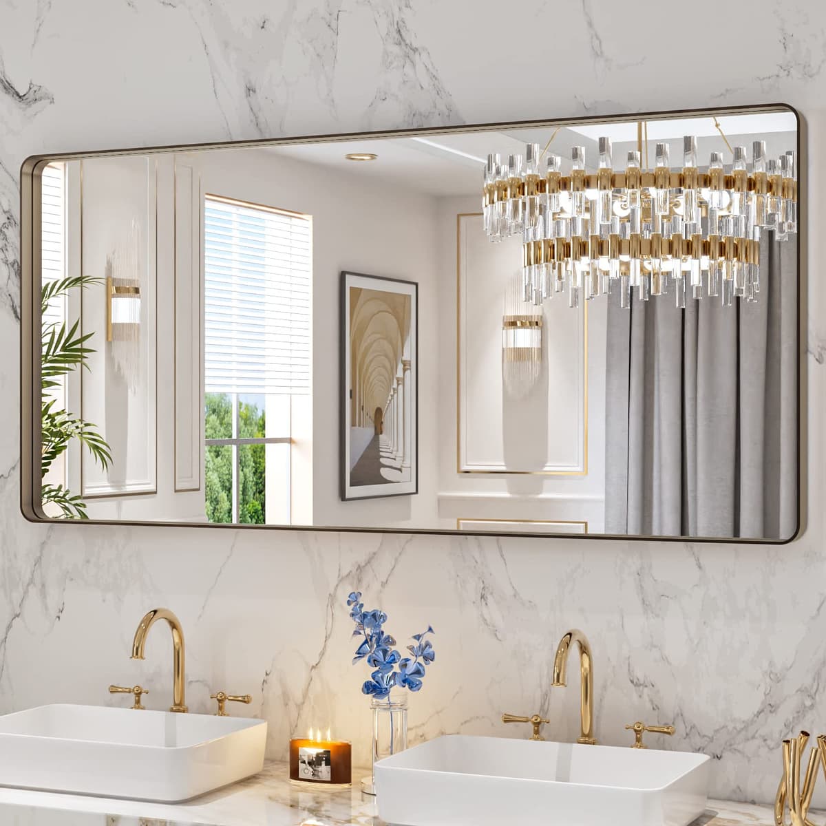 LOAAO 48”X36” Gold Bathroom Mirror, Rounded Rectangle Gold Frame Mirror, Brushed Gold Bathroom Vanity Mirror Wall-Mounted, Anti-Rust, Tempered Glass, Hangs Horizontally or Vertically — view 73