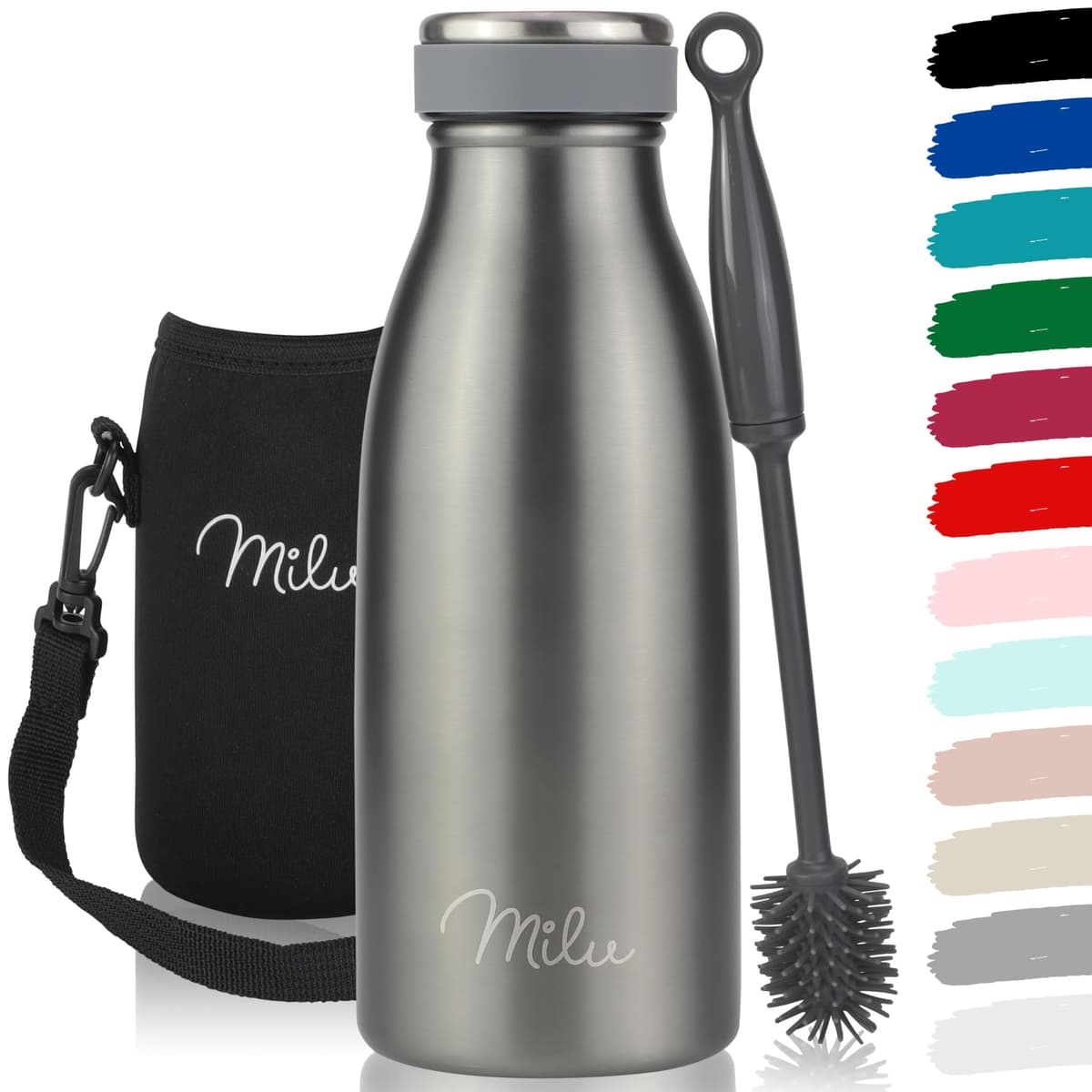 Milu Stainless Steel Drinking Bottle 350 ml - Insulated Thermo Flask for Water - Leak Proof, Insulated and Double Walled, Carbonated (Grey, 350 ml)