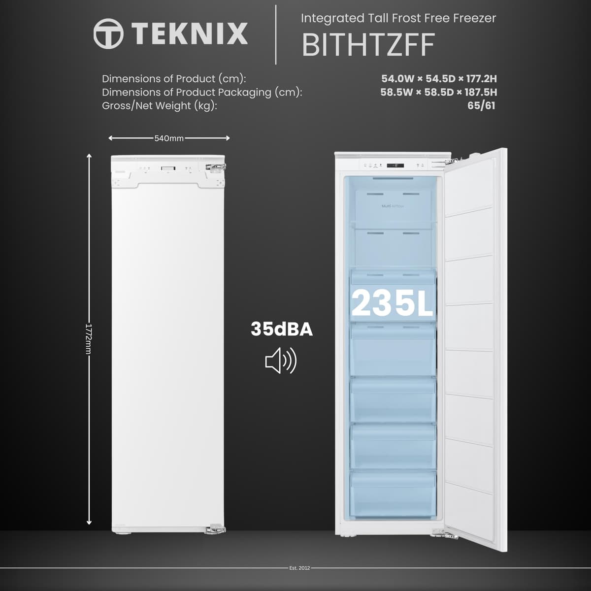 Teknix BITHTZFF Integrated Tall Freezer - Built-in with 235L Capacity - Total No Frost - Suitable for Outbuildings - Digitals Controls - Two Year Cover - White, H177.2 x W54.0 x D54.5 (cm) — view 3