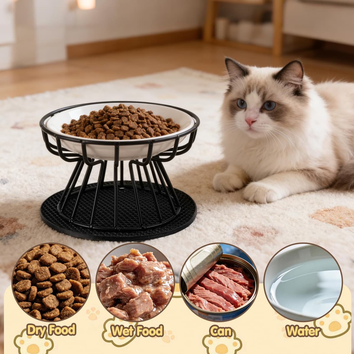 2 Piezas Comedero Gato Elevado Cuenco Cerámica Gato Elevado 10 cm con Soporte y Antideslizante Alfombrilla, Platos para Gatos Elevados para Agua y Comida — view 4