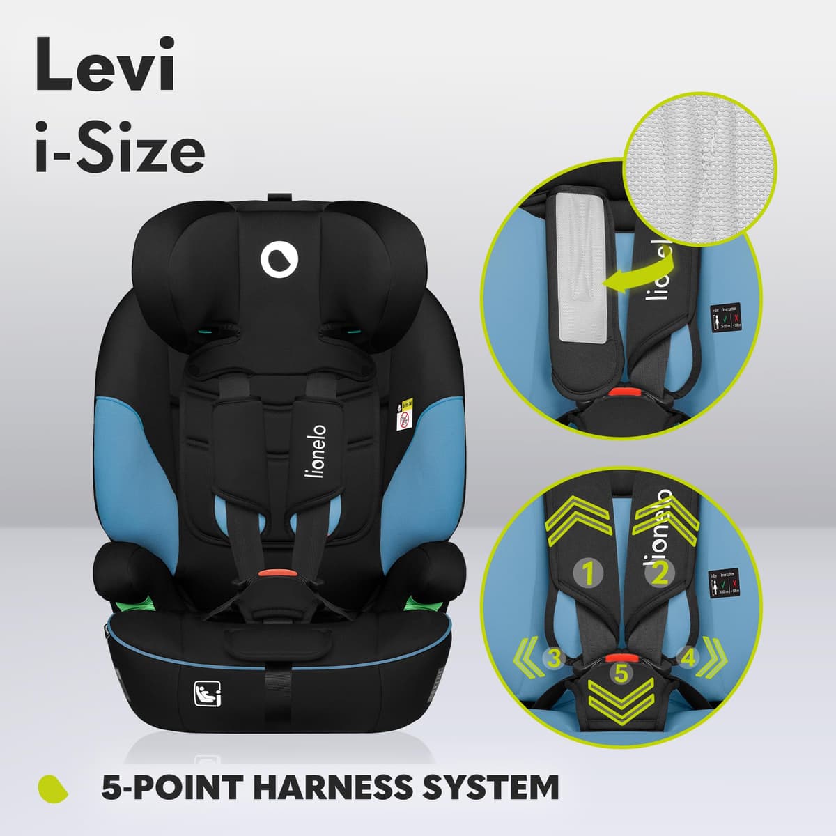 LIONELO Car Seat LEVI I-Size for Baby 9-36kg Transforms with Your Child from Infant to 12 Years, Multi-Level Headrest, Enhanced Side Protection, Easy Install with Seat Belt, Washable, Certified — view 5