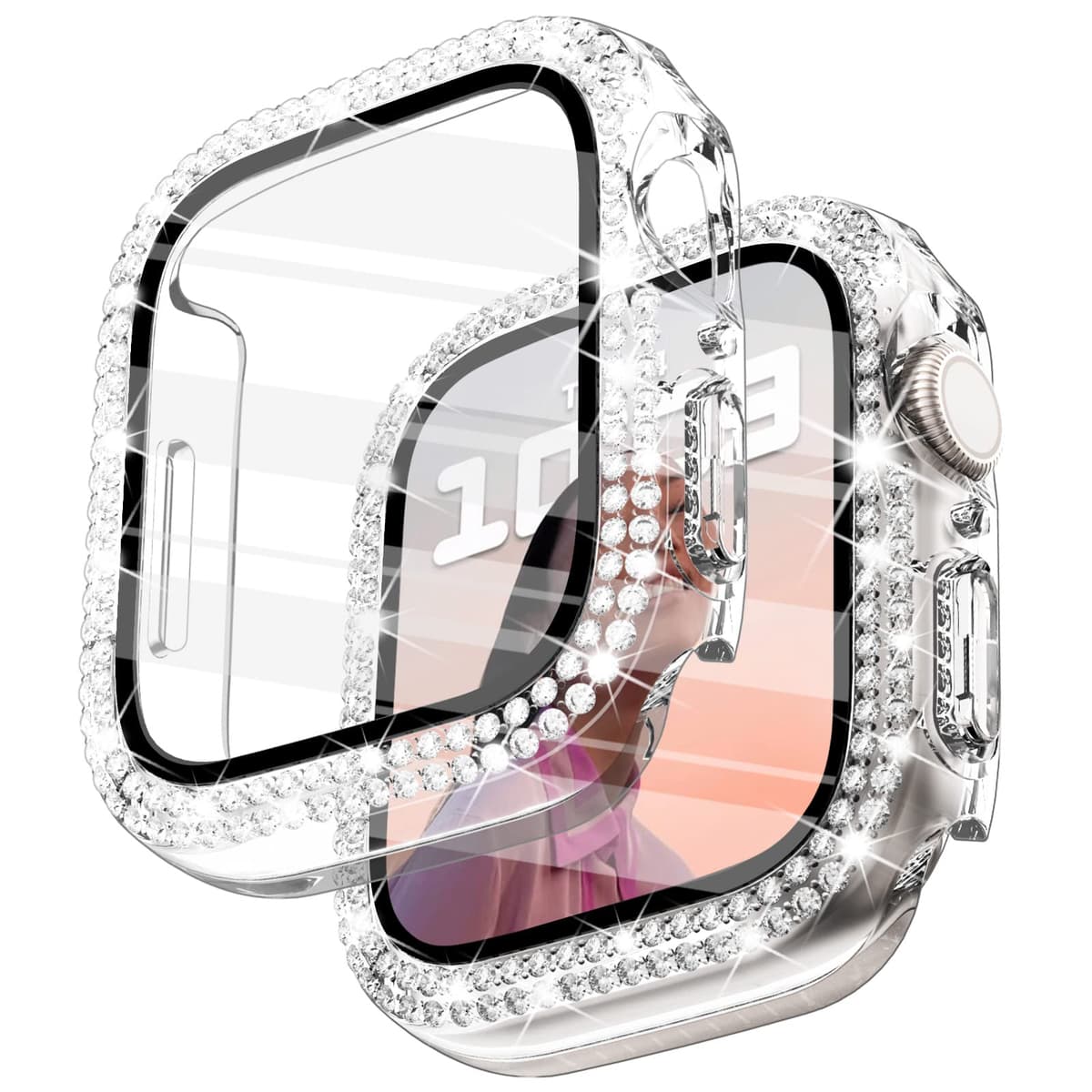 WINGLE Compatible with Apple Watch Screen Protector 44mm SE 3 2 1/ Series 6 5 4, Women Shiny Diamond Cover with Tempered Glass Screen Protector for Apple Watch Case 44mm,Clear