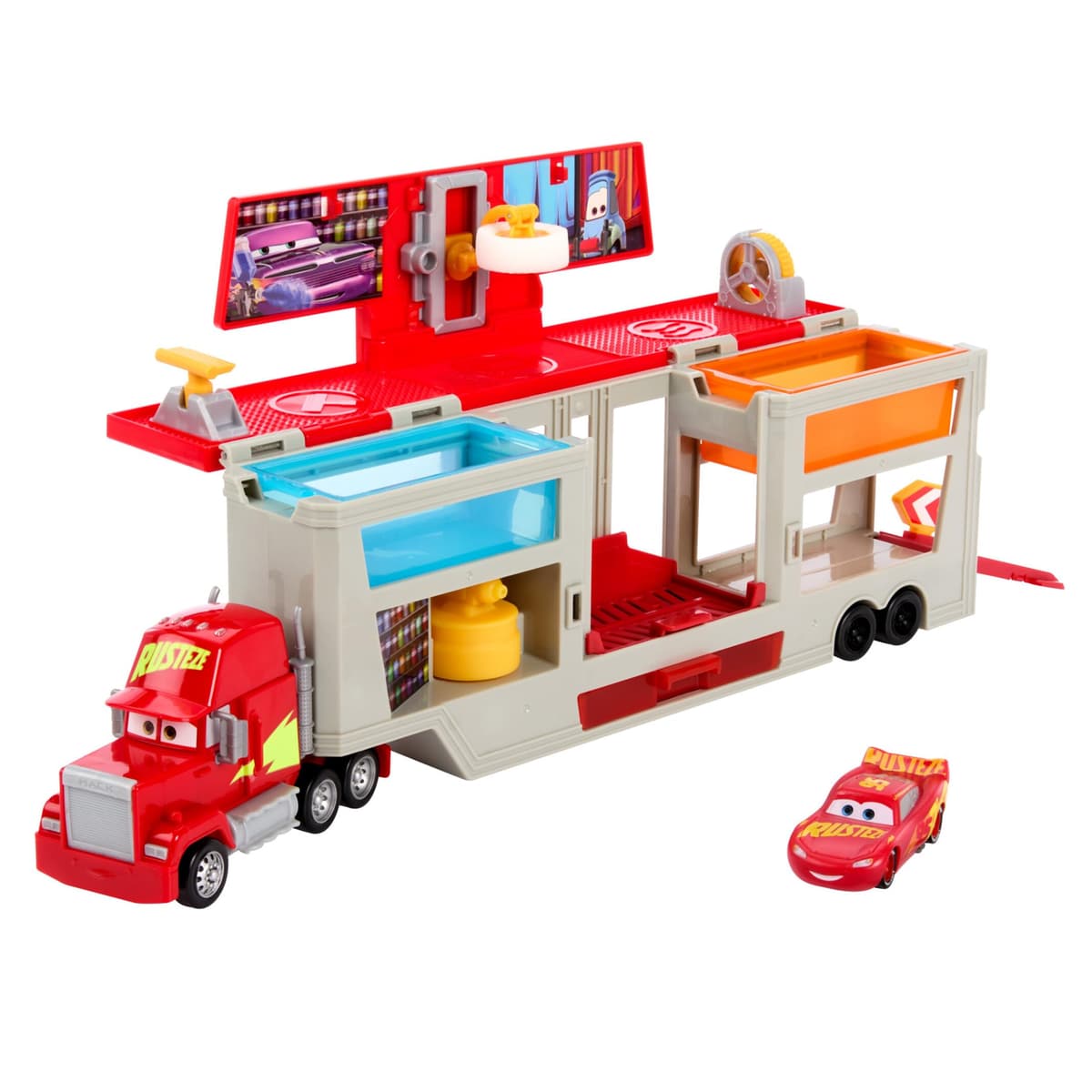 Mattel Disney Pixar Cars Color Changers Camión transformable Mack Taller de pintura, set de juego para coches de juguete con Rayo McQueen, cambia color en el agua, +3 años, HPD82
