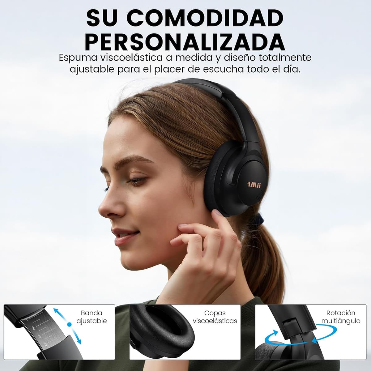 1Mii AI Y8+ Auriculares Inalámbricos Bluetooth 6.0 Cancelación de Ruido Activa Híbrida Cascos, LDAC Hi-Res Audio, 100H de Reproducción, Traducción IA, Chat de Voz, EQ con App - Negro — view 6