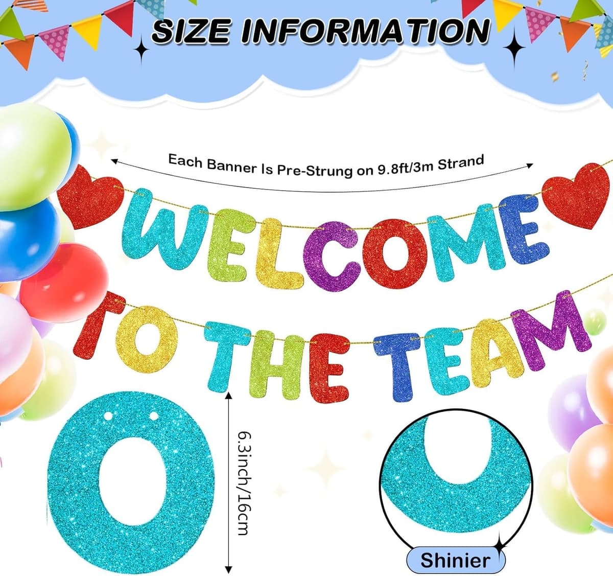 Pre Strung Welcome to The Team Banner with Two Heart Signs, NO DIY, Glitter Welcome Party Supplies for New Employee, Coworker, Colleague, Staff, Team Member Office Decorations (Colorful) — view 2