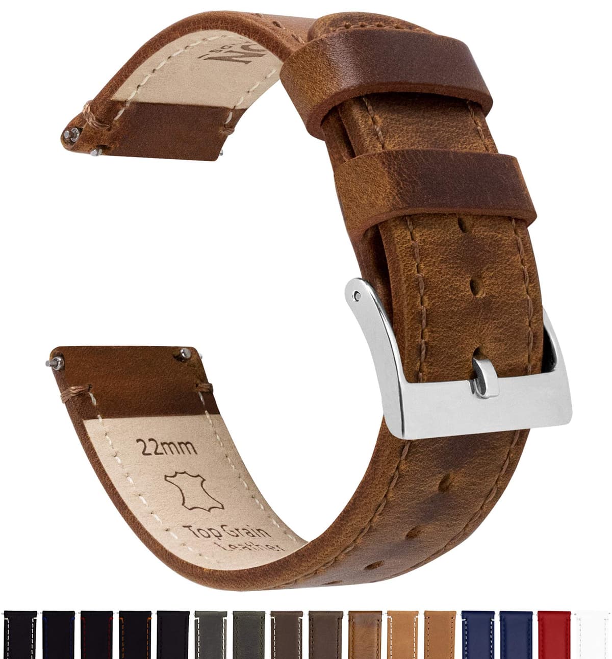 BARTON Quick Release - Top Grain Leather Watch Band Strap - Choice of Colour & Width - 16mm, 18mm, 19mm, 20mm, 21mm 22mm, 23mm or 24mm — view 2