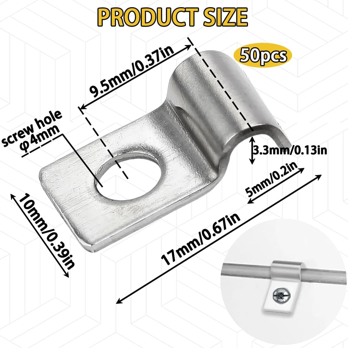 50 Piezas Grapas para Cables Pared Acero Inoxidable 304 Espesado Sujeta Cables Pared Abrazaderas Metalicas para Cable Orificio Unico en Forma de U para Fijar Cables, Alambres y Tubos (4mm) — view 2