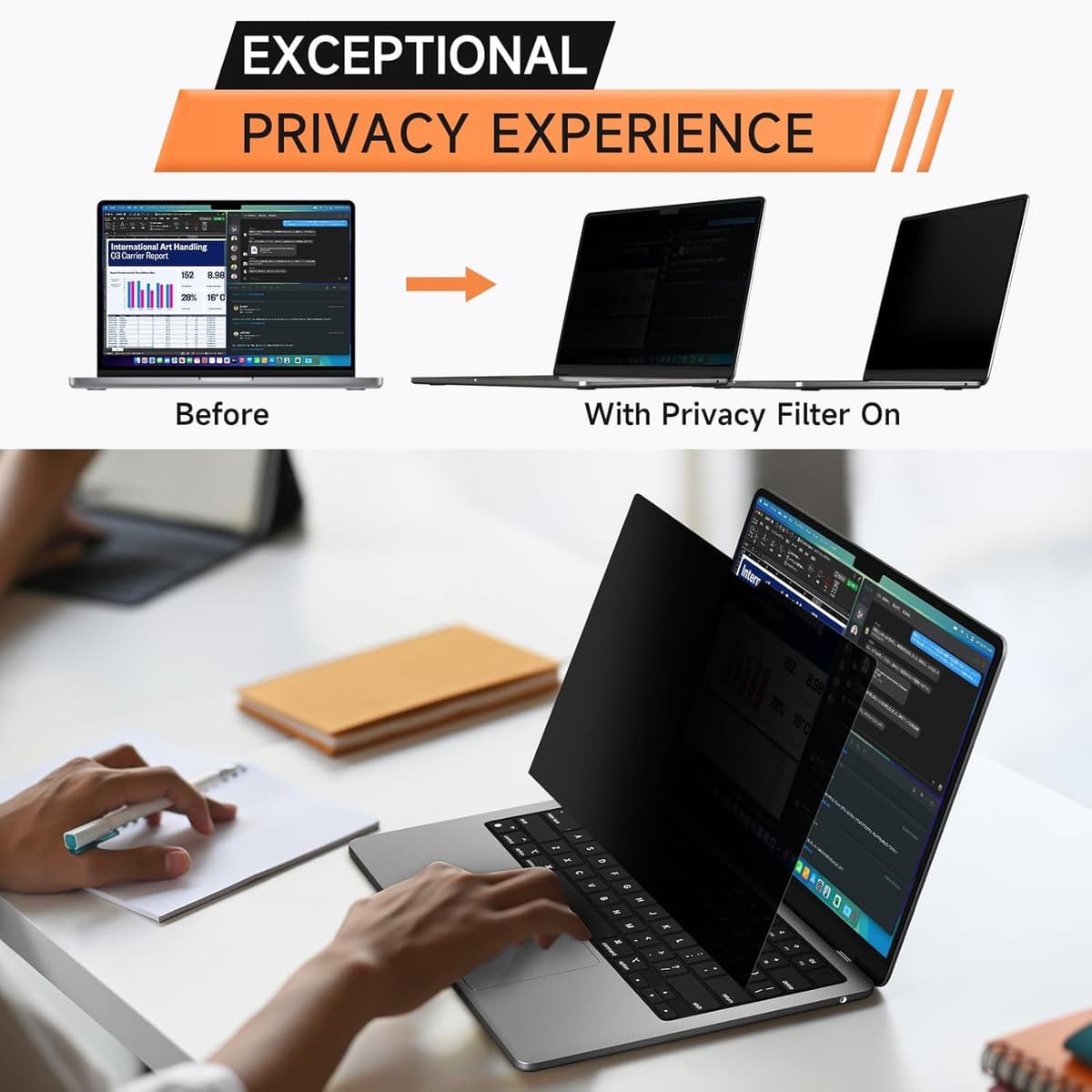 Mamol 360° Privacy Screen for Macbook Pro 13 Inch (2016-2022, M1, M2) & Air 13 inch (2018-2021, M1), Anti Glare Blue Light Filter, Nano No Glue Anti Spy Black Protector for Mac Pro 13'' Laptop — view 2