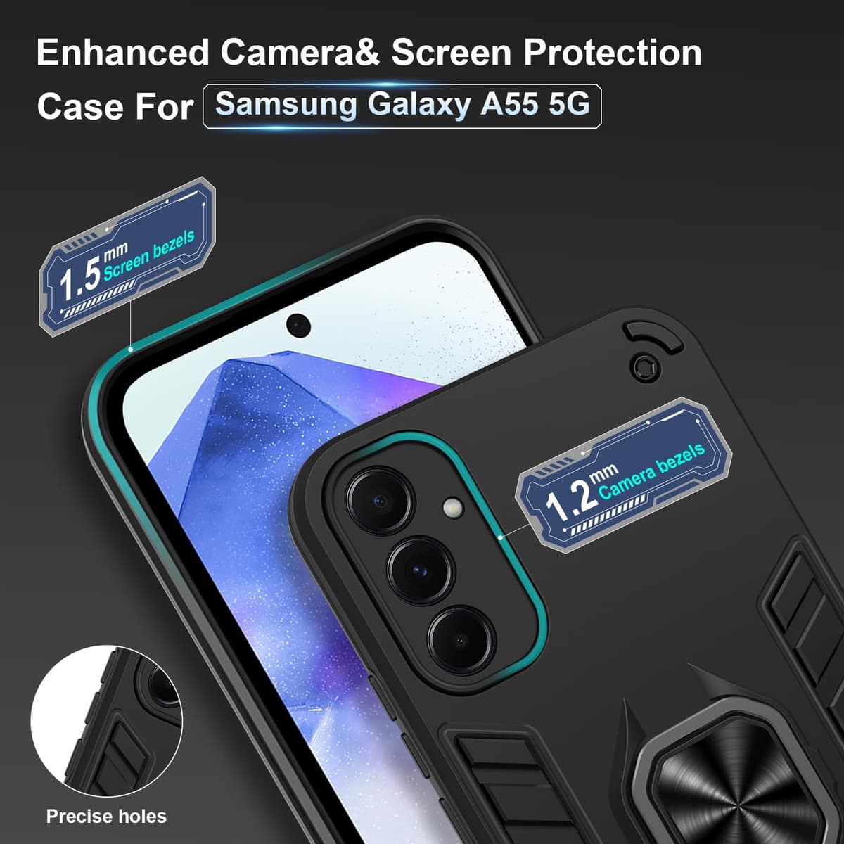Funda para CMF Phone 2 Pro, Carcasa Antigolpes con Soporte anular metálico, Case Protectora de Grado Militar, Negro — view 1254