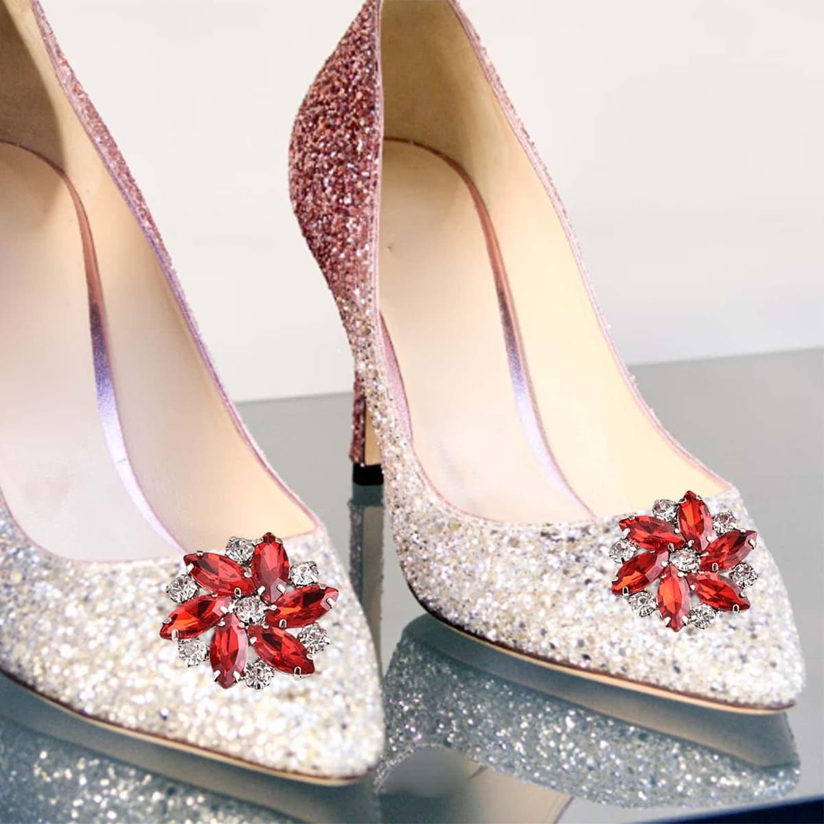 F Fityle 2Pcs Elegant Rhinestone Clips s Jewelry Decoration Crystal Buckle Heels Diamond for Brooches Flat Boots, Red — view 2