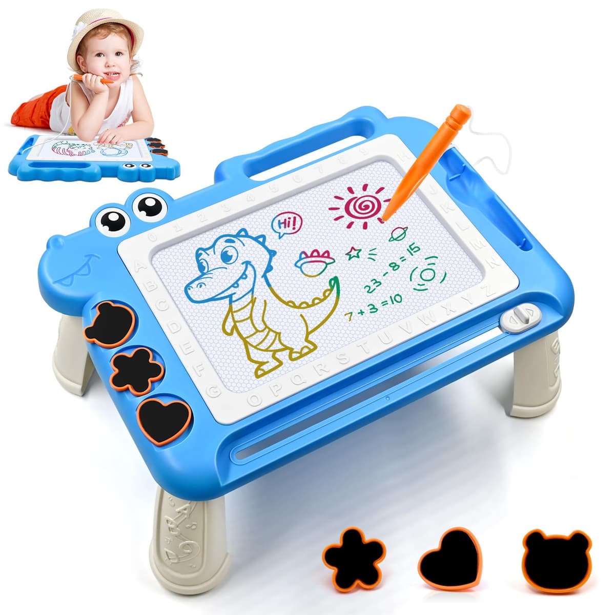 Dinosaurio Pizarra Magnética Infantil Juguetes 3 4 5 Años, Pizarra Magica Colorido Juegos Educativos Regalos para Niñas y Niños 3-5 Años, Viaje Juguetes con 4 áreas Color 3 Sellos 1 Bolígrafo, Azul — view 11