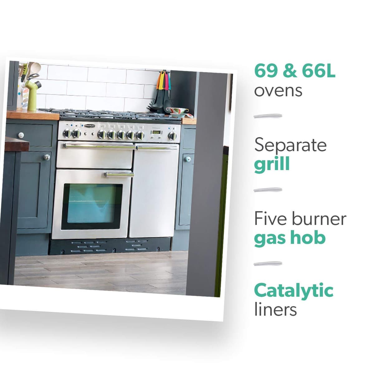 Rangemaster PROP90DFFSS/C Freestanding Range Cooker, Two Fan Ovens, AA Rated, 5 Burner Gas Hob, Stainless Steel — view 3