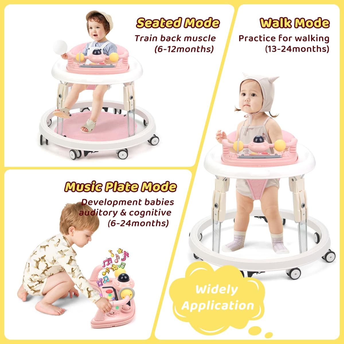 Baby Walker, Foldable Multi-Function Anti-Rollover Walker with Music Tray & Light, 7 Level Height Adjustable, Baby Walkers for 1 Year Olds Suitable for All Terrains (Pink) — view 5