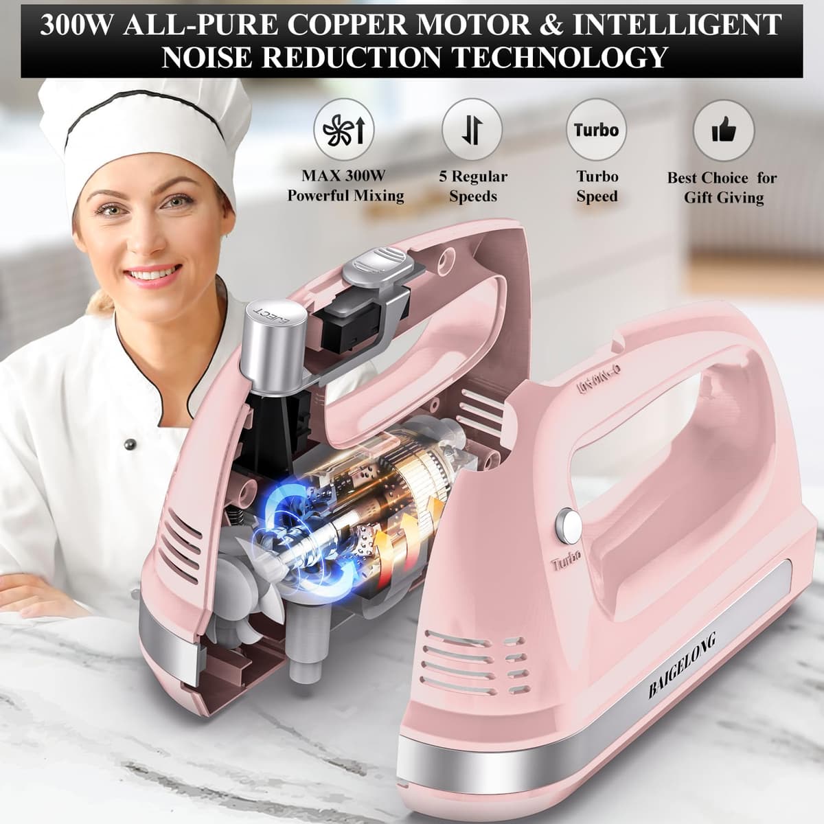 BAIGELONG Hand Electric Mixer, 300W Ultra Power Food Kitchen Mixer with 5 Self-Control Speeds + Turbo Boost, 5 Stainless Steel Attachments Handheld Blender for Baking, PINK — view 3