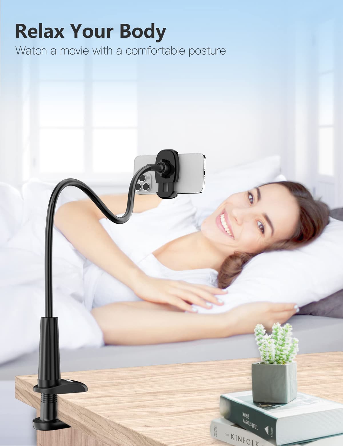 TRYONE Gooseneck Phone Holder Stand for Bed Flexible Arm Adjustable Cell Phones Mount Clamp on Desk Bedframe Compatible with iPhone 14 Pro Max 13 12 11 X SE Series/Samsung S22 or Other 4"-7" Devices — view 2
