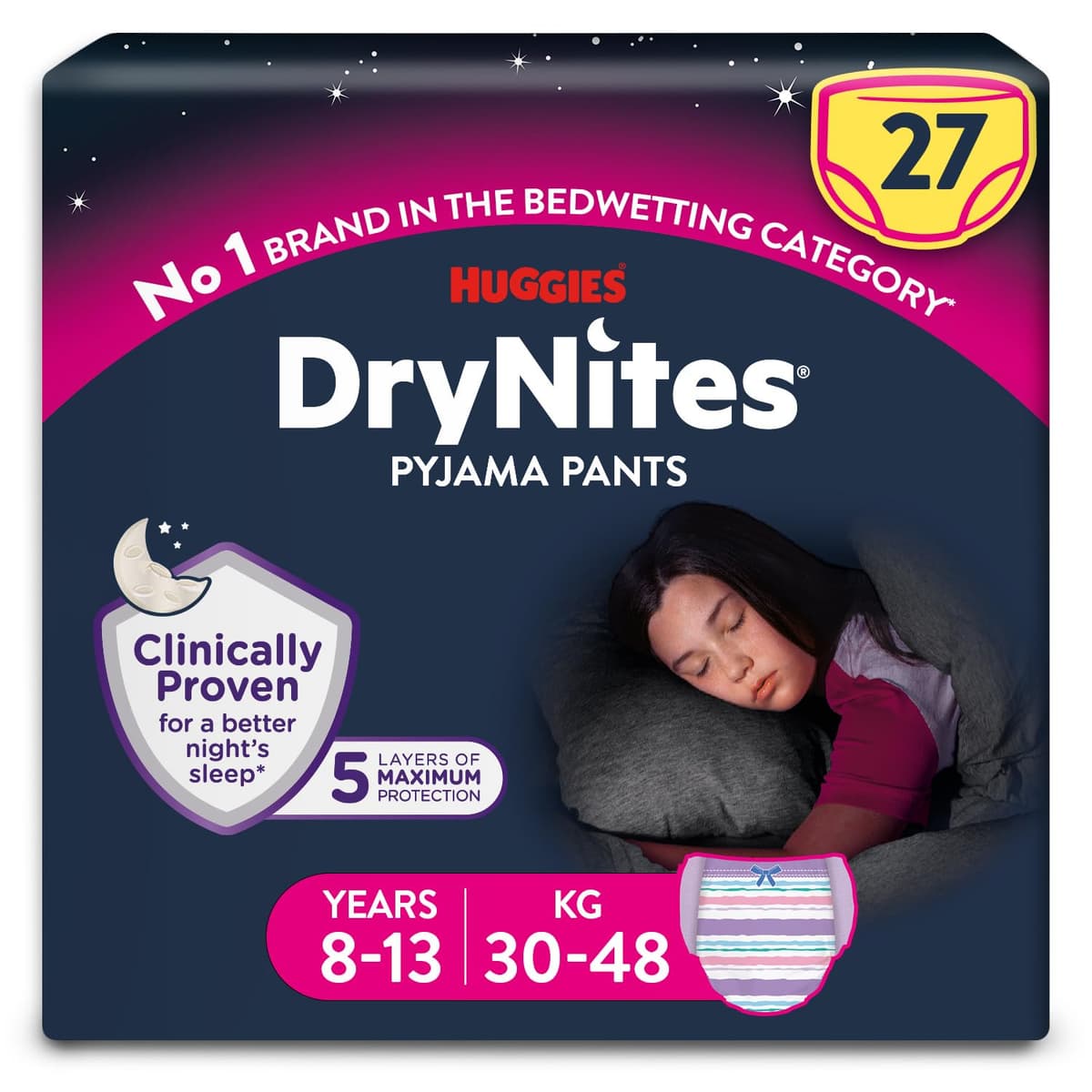 HUGGIES DryNites Pyjama Pants, Girl's 4-7 Years (17-30KG), 30 x Bedwetting Pants, Up to 100% Leak Free Nights — view 10